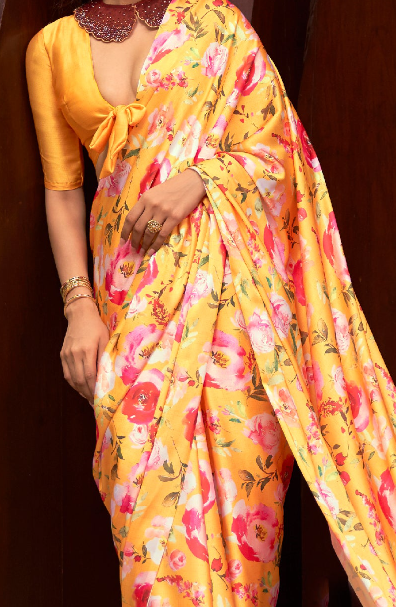 Radiant Glow Orange Floral Printed Satin Silk Saree