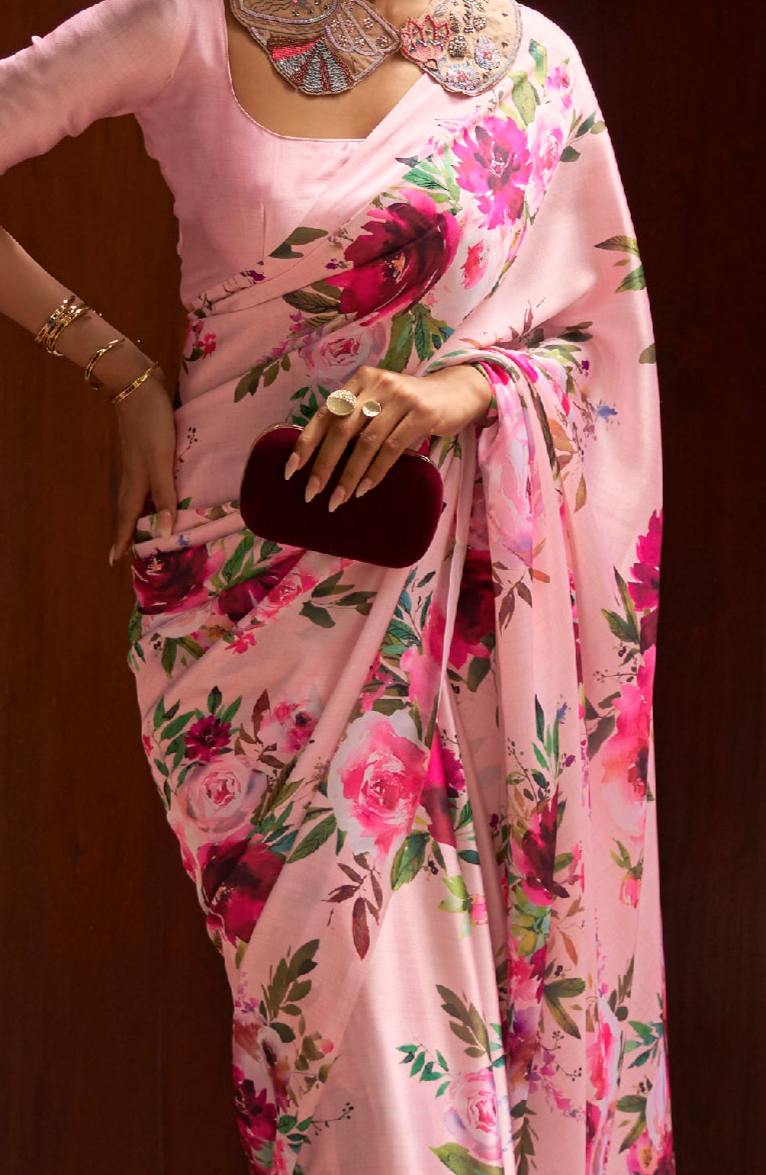 Graceful Bloom Light Pink Floral Printed Satin Silk Saree