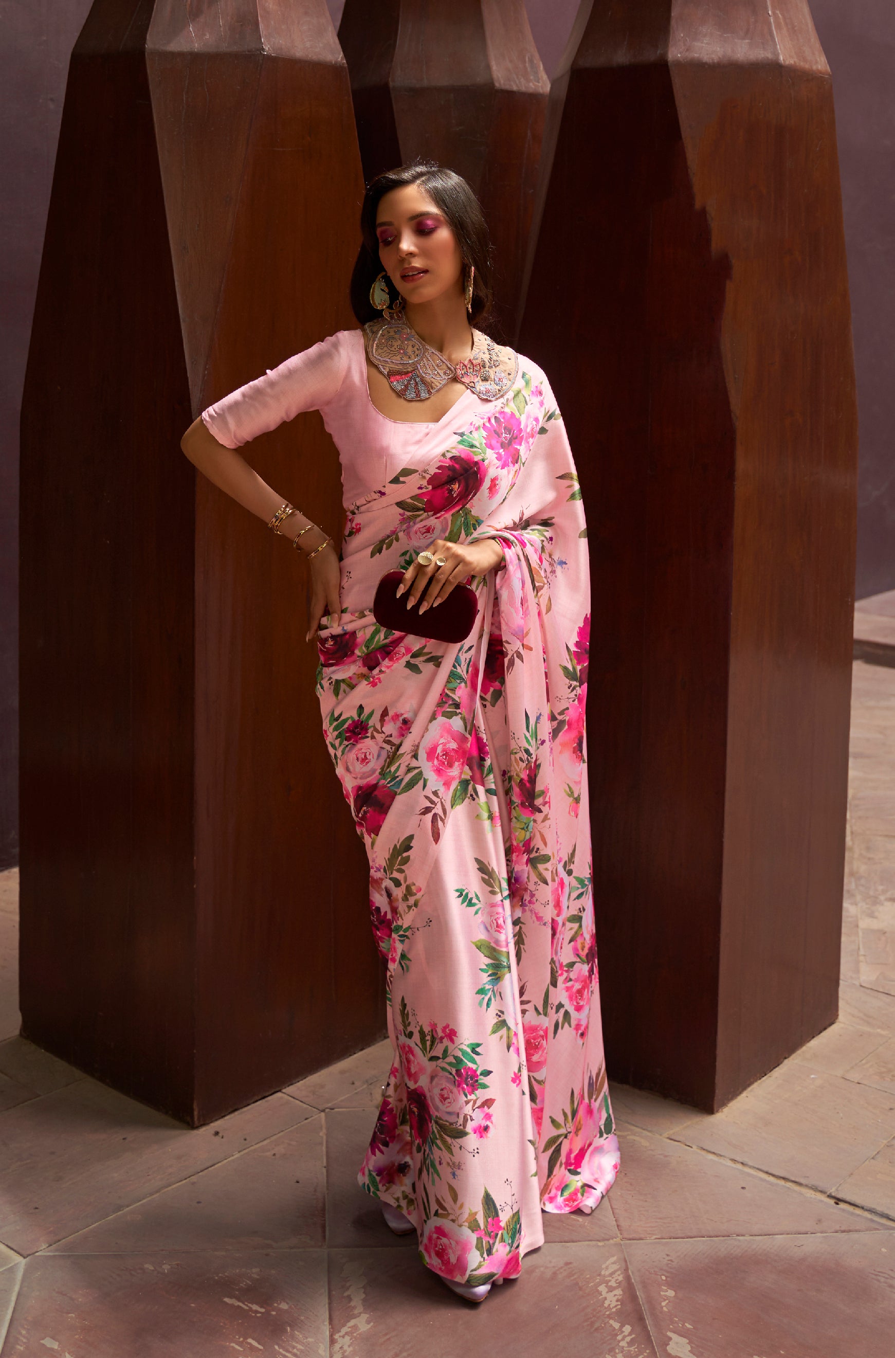 Graceful Bloom Light Pink Floral Printed Satin Silk Saree