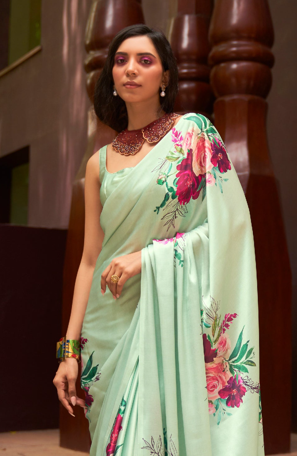 Fresh Mint Green Floral Printed Satin Silk Saree