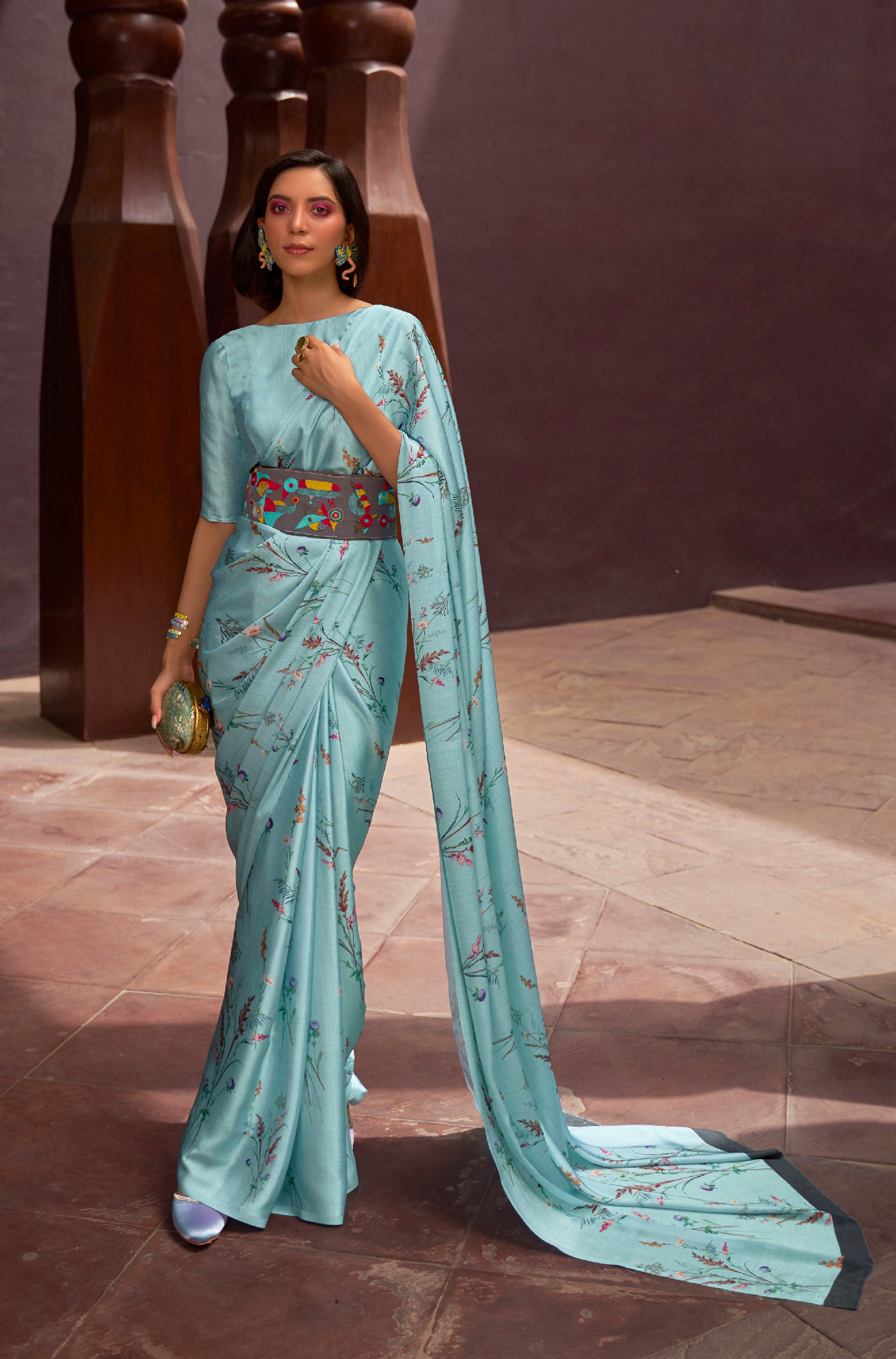 Mint Delight Floral Printed Satin Silk Saree