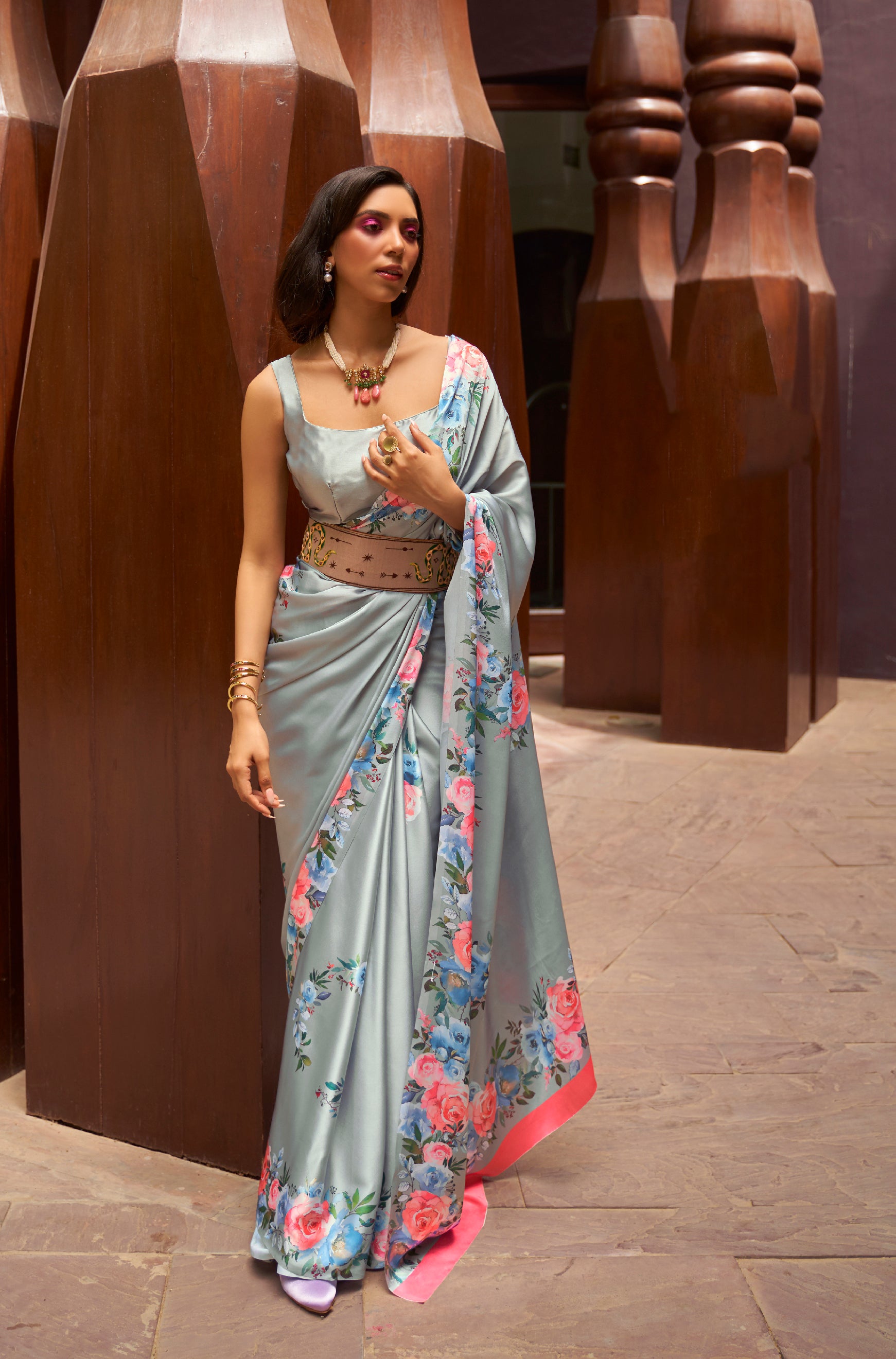 Subtle Charcoal Grey Floral Printed Satin Silk Saree