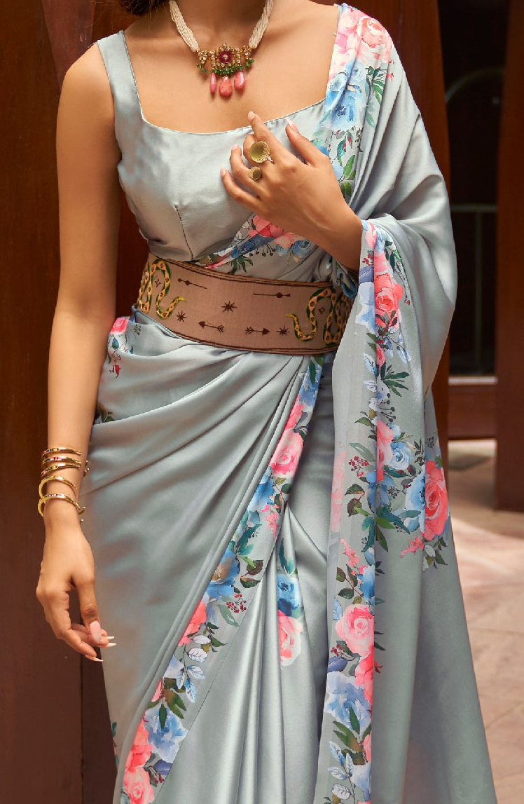 Subtle Charcoal Grey Floral Printed Satin Silk Saree