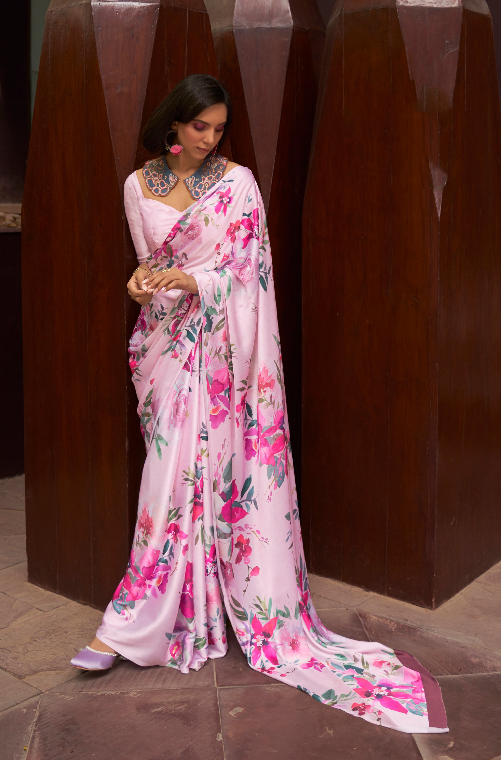 Blush Pink Floral Printed Satin Silk Saree