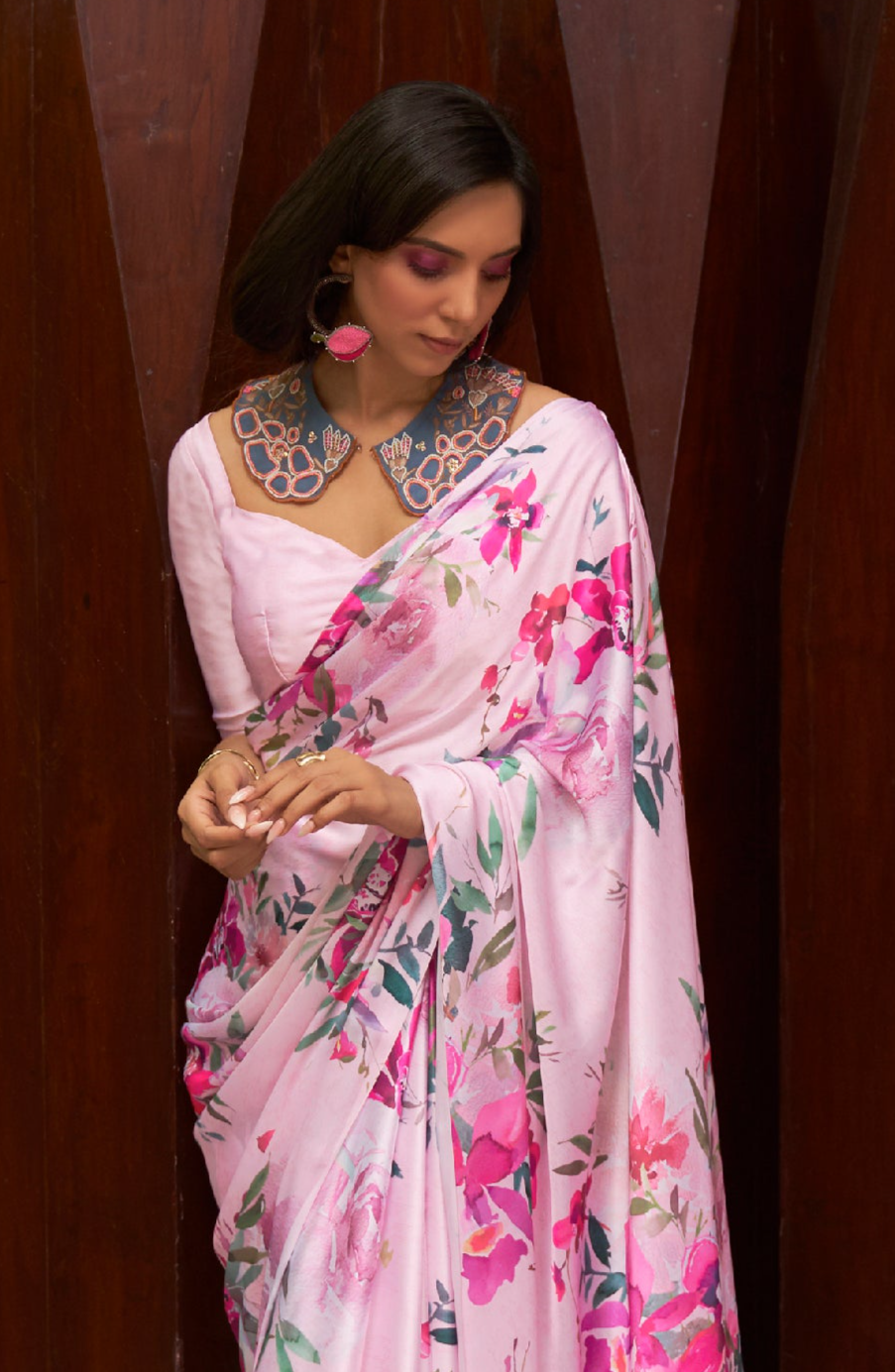 Blush Pink Floral Printed Satin Silk Saree