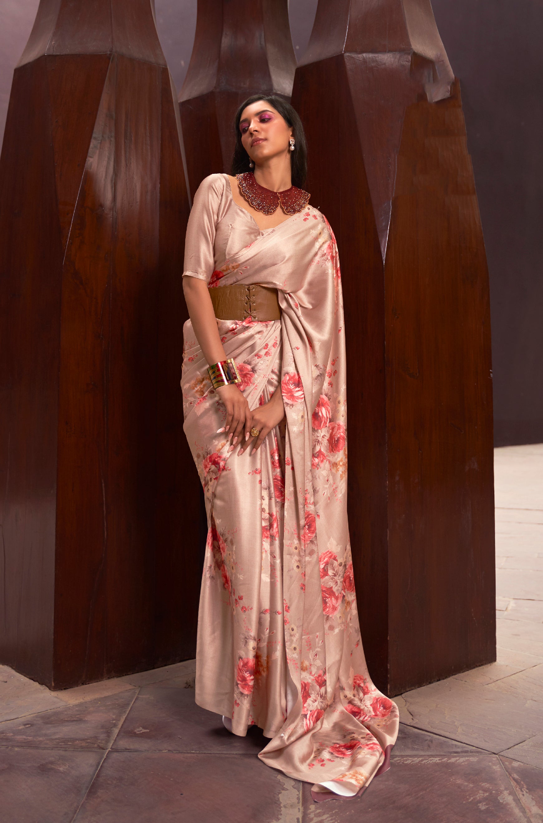 Peach Blossom Floral Printed Satin Silk Saree