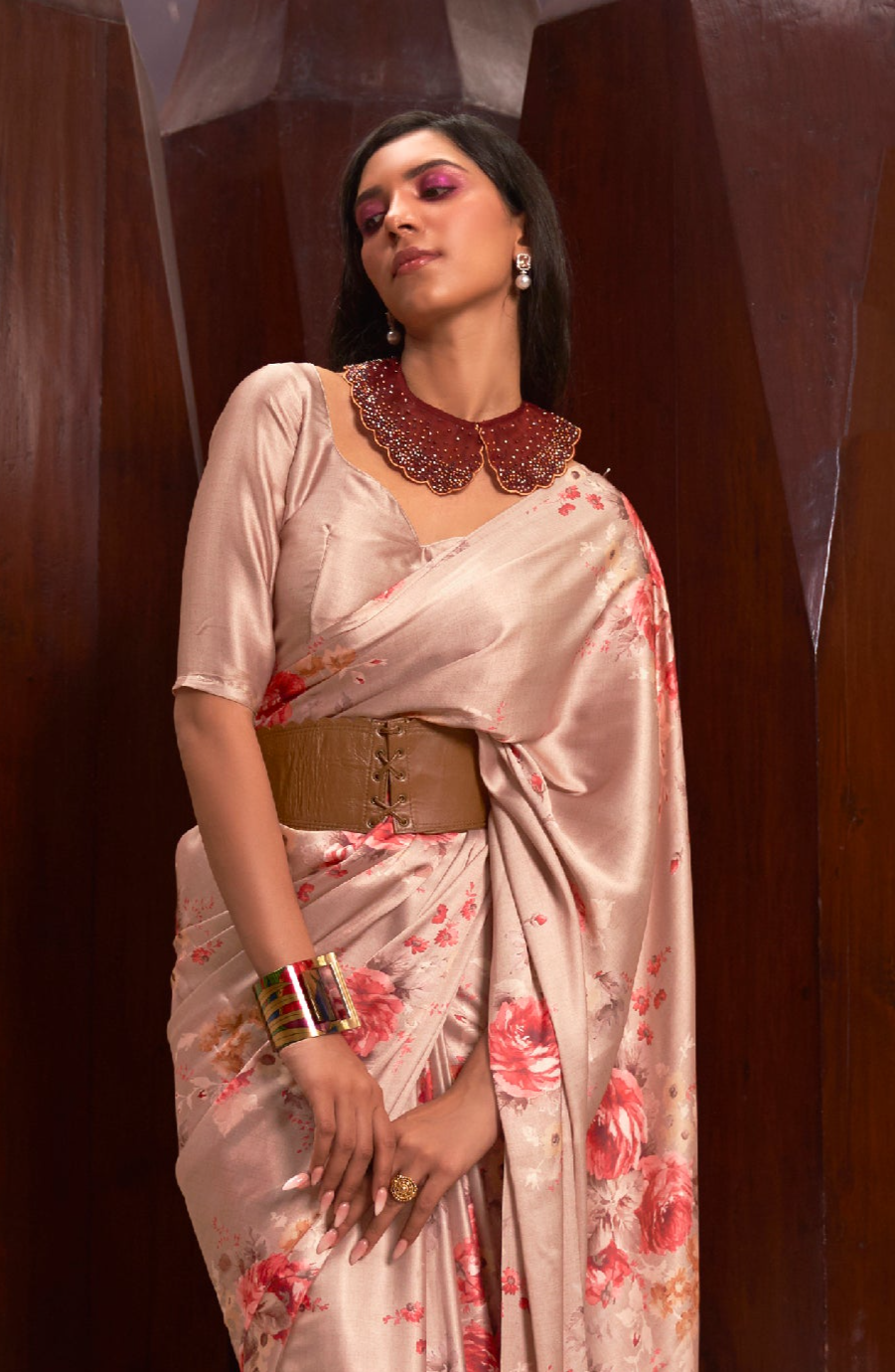 Peach Blossom Floral Printed Satin Silk Saree