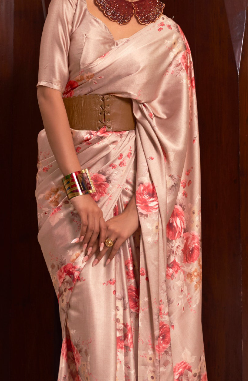 Peach Blossom Floral Printed Satin Silk Saree