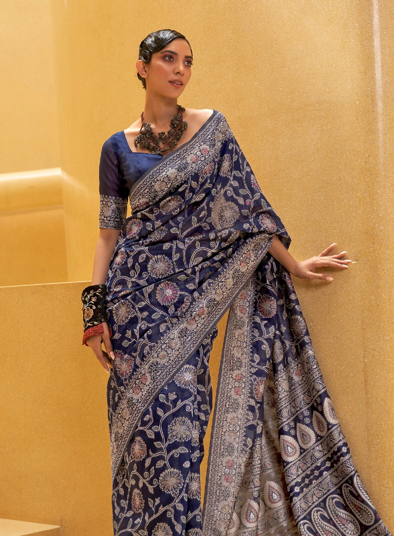 Royal Navy Blue Woven Lucknowi Chikankari Saree