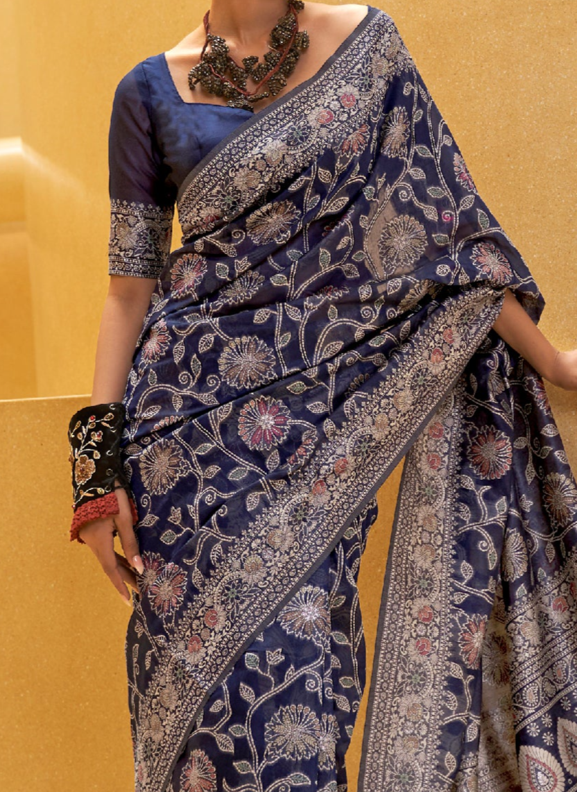 Royal Navy Blue Woven Lucknowi Chikankari Saree