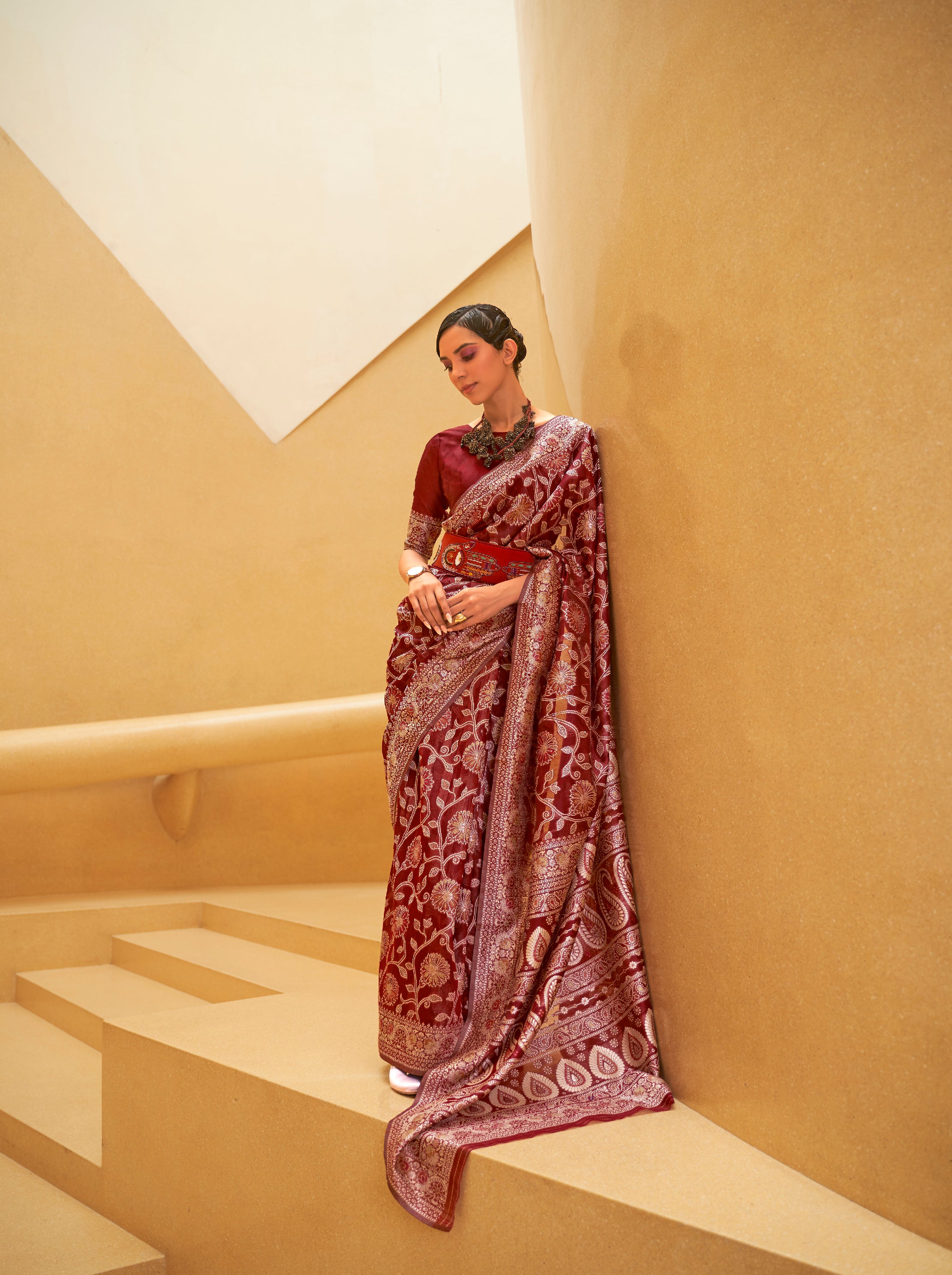 Crimson Elegance Woven Lucknowi Chikankari Saree