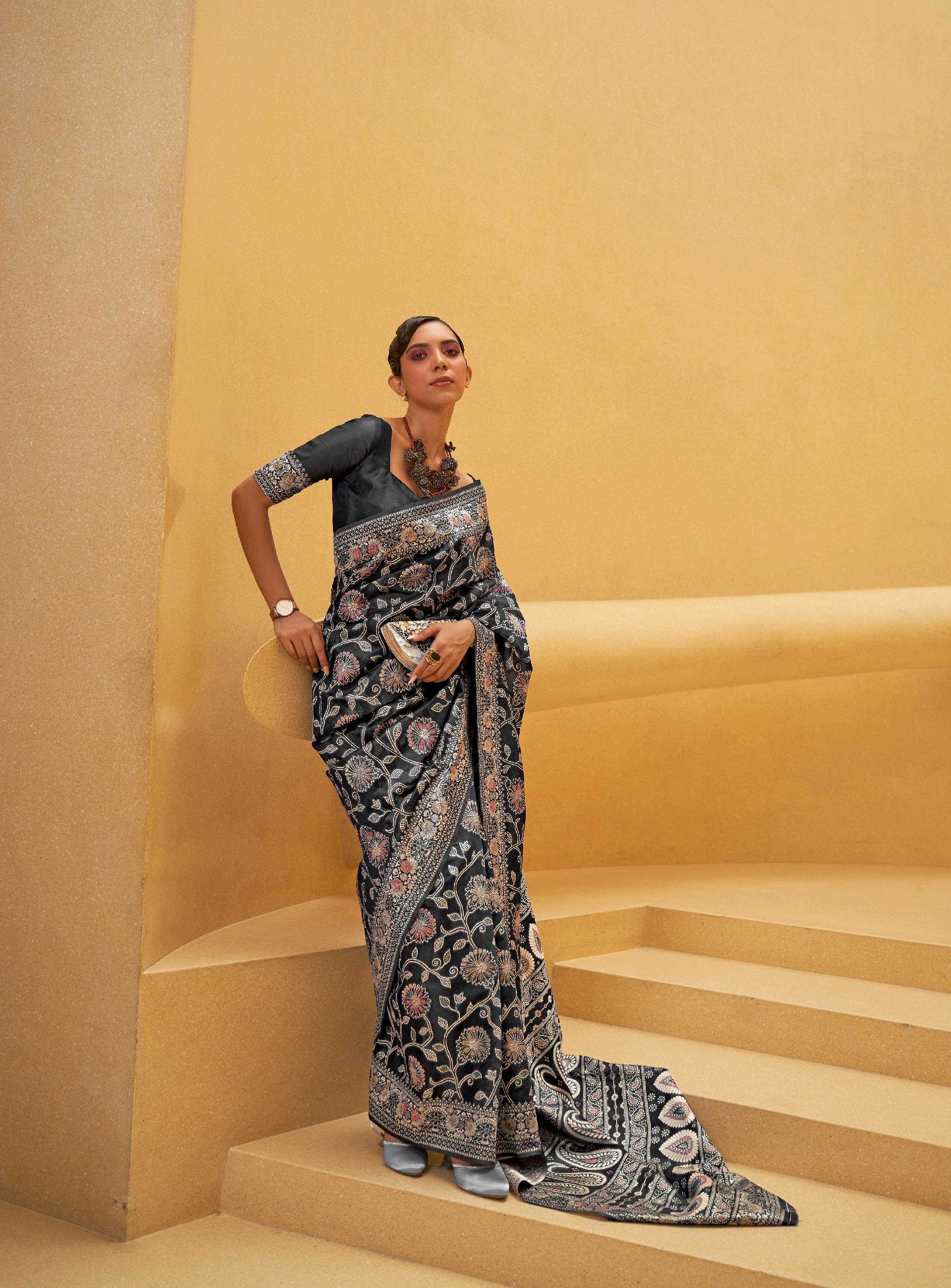 Charcoal Grace Woven Lucknowi Chikankari Saree