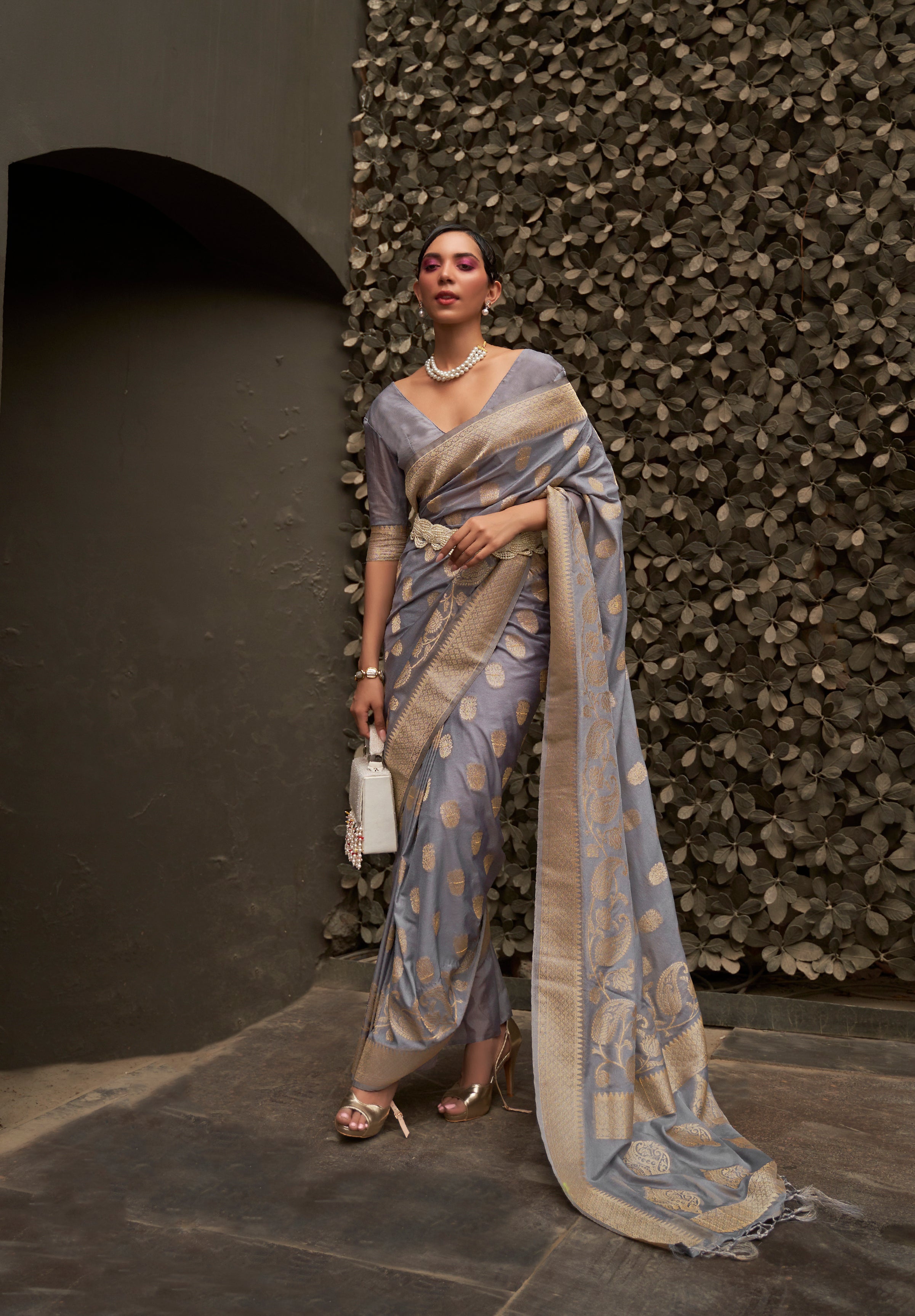 Elegant Gray Banarasi Chiffon Saree