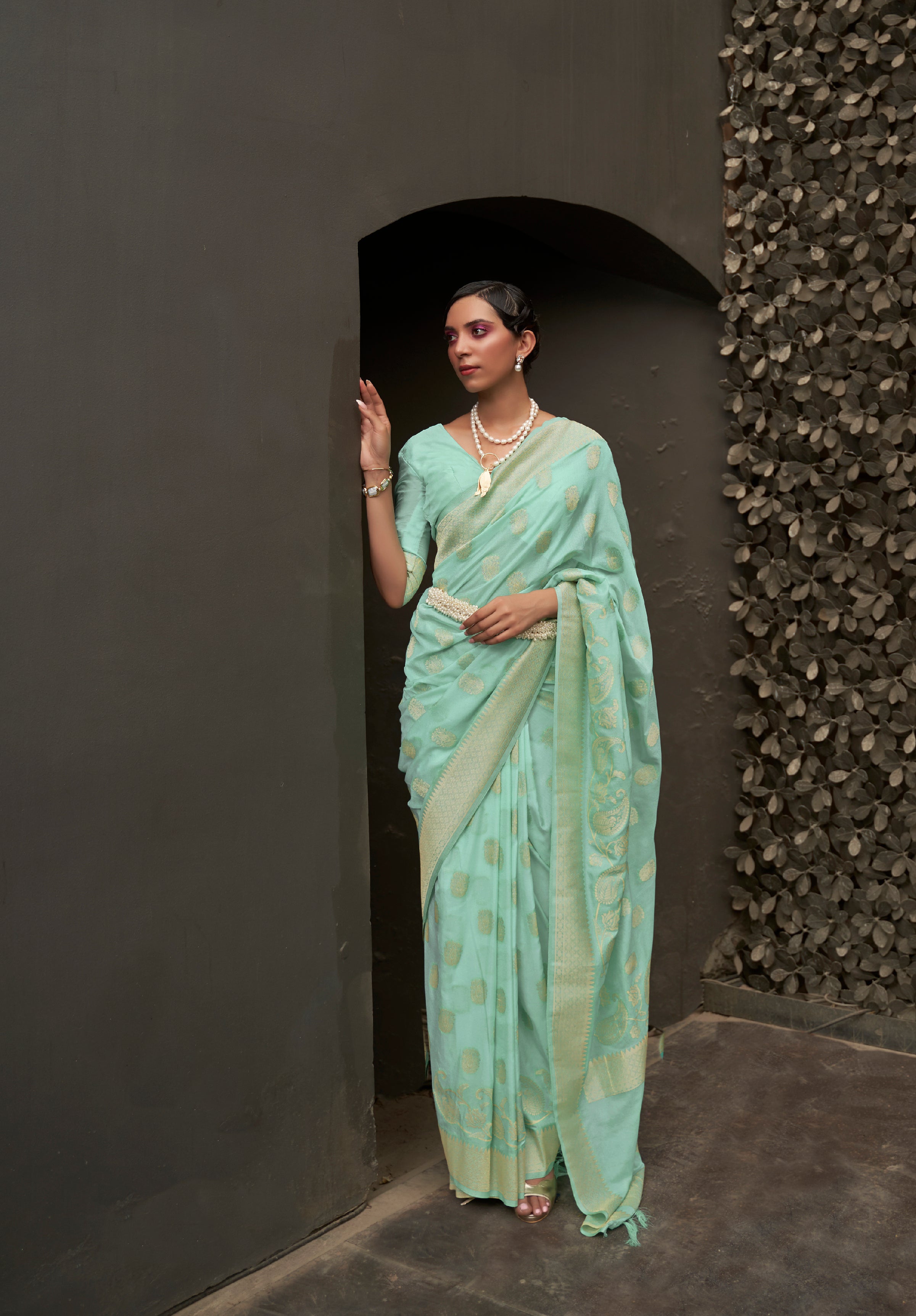 Serene Mint Green Banarasi Chiffon Saree