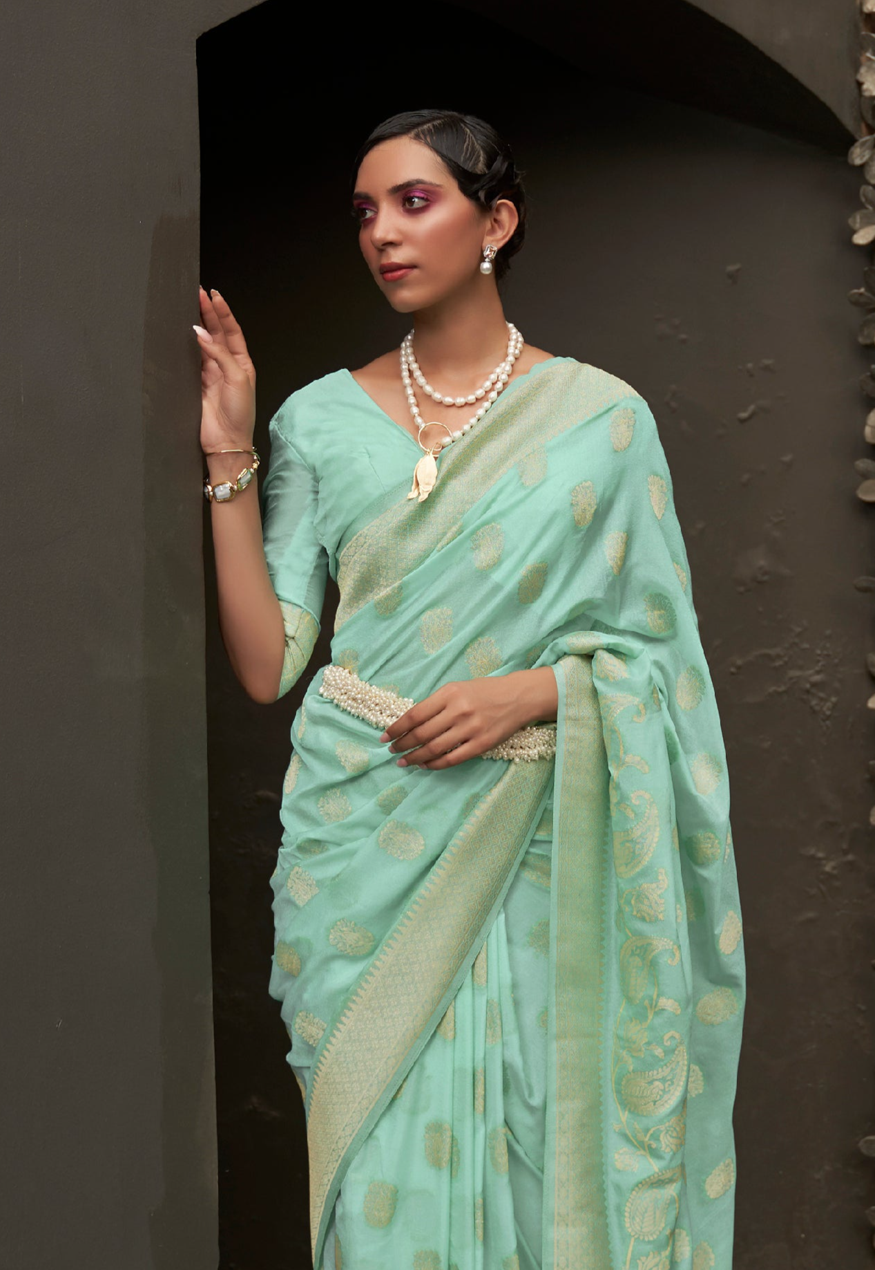 Serene Mint Green Banarasi Chiffon Saree