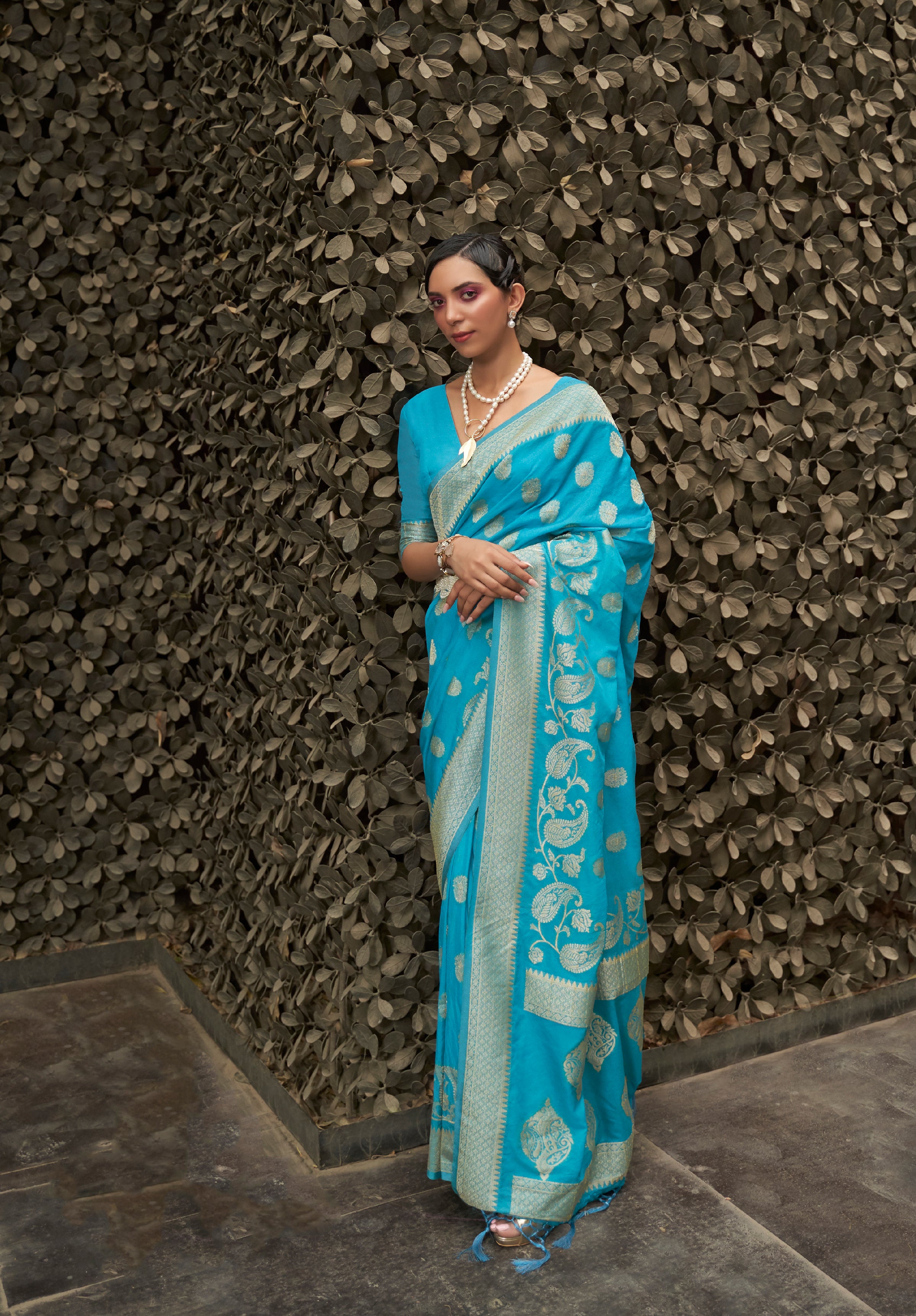 Aqua Blue Woven Banarasi Chiffon Saree