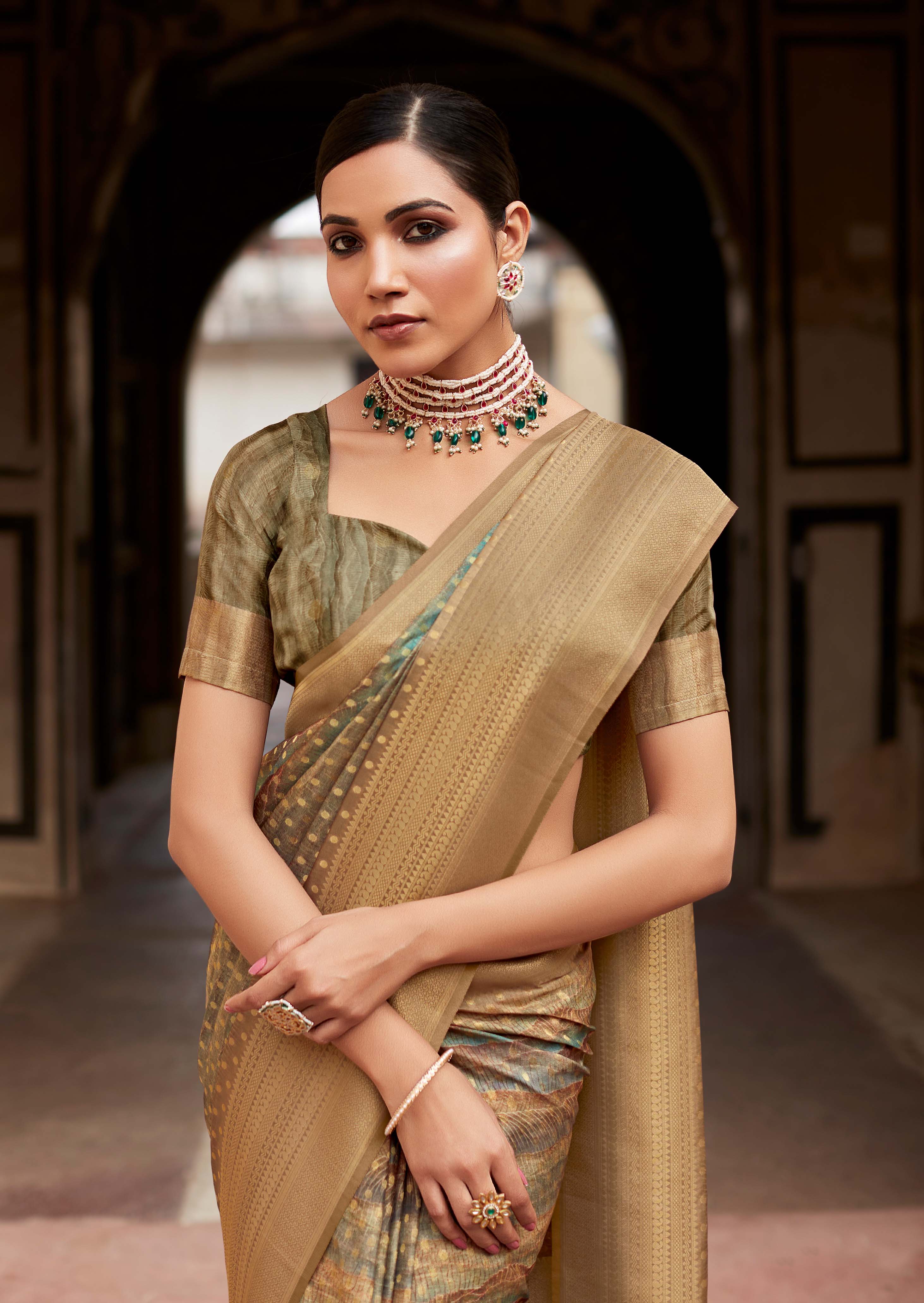 Exquisite Vintage Brown Banarasi Digital Printed Silk Saree