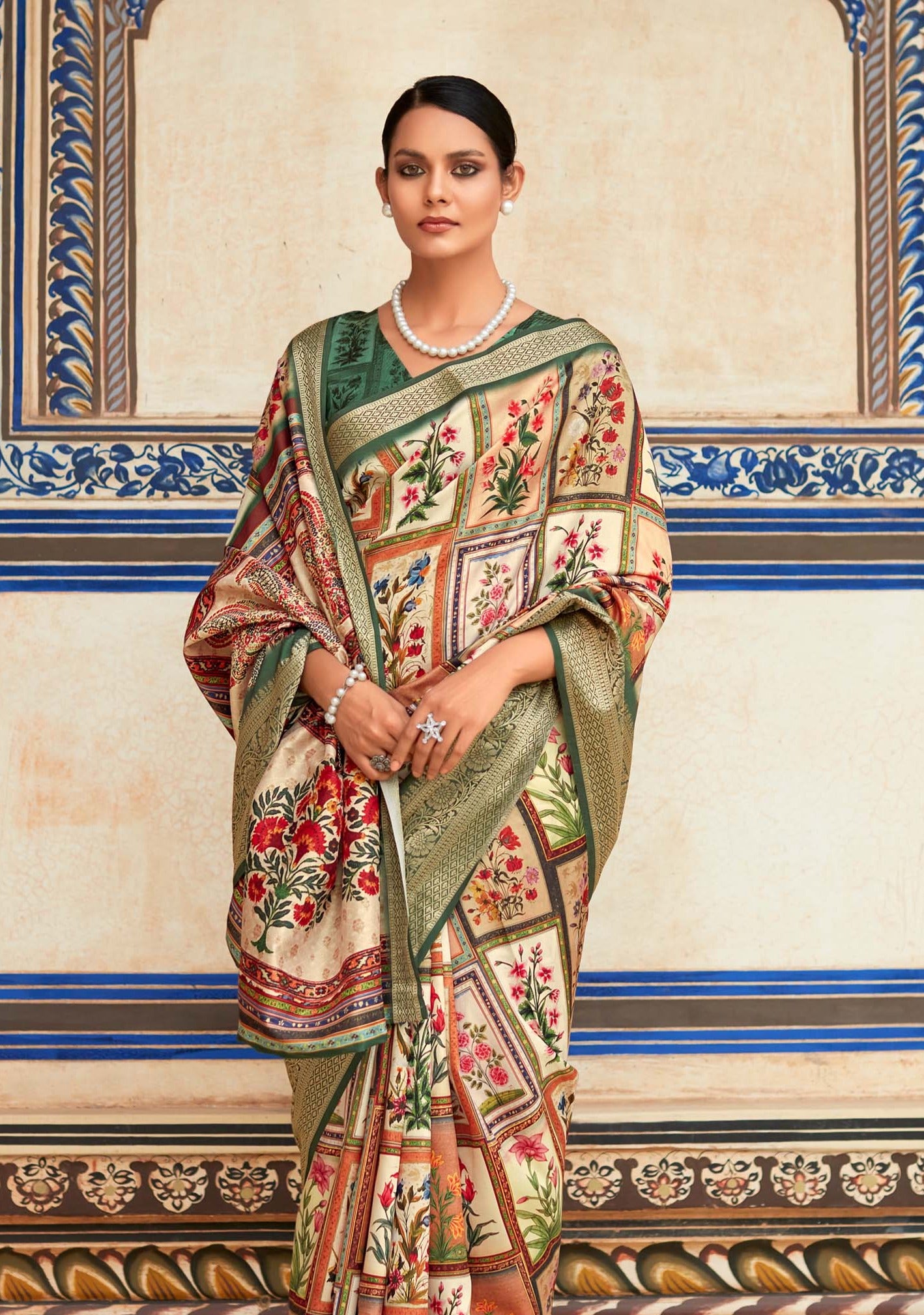 Turquoise Green and Cream Banarasi Printed Silk Saree