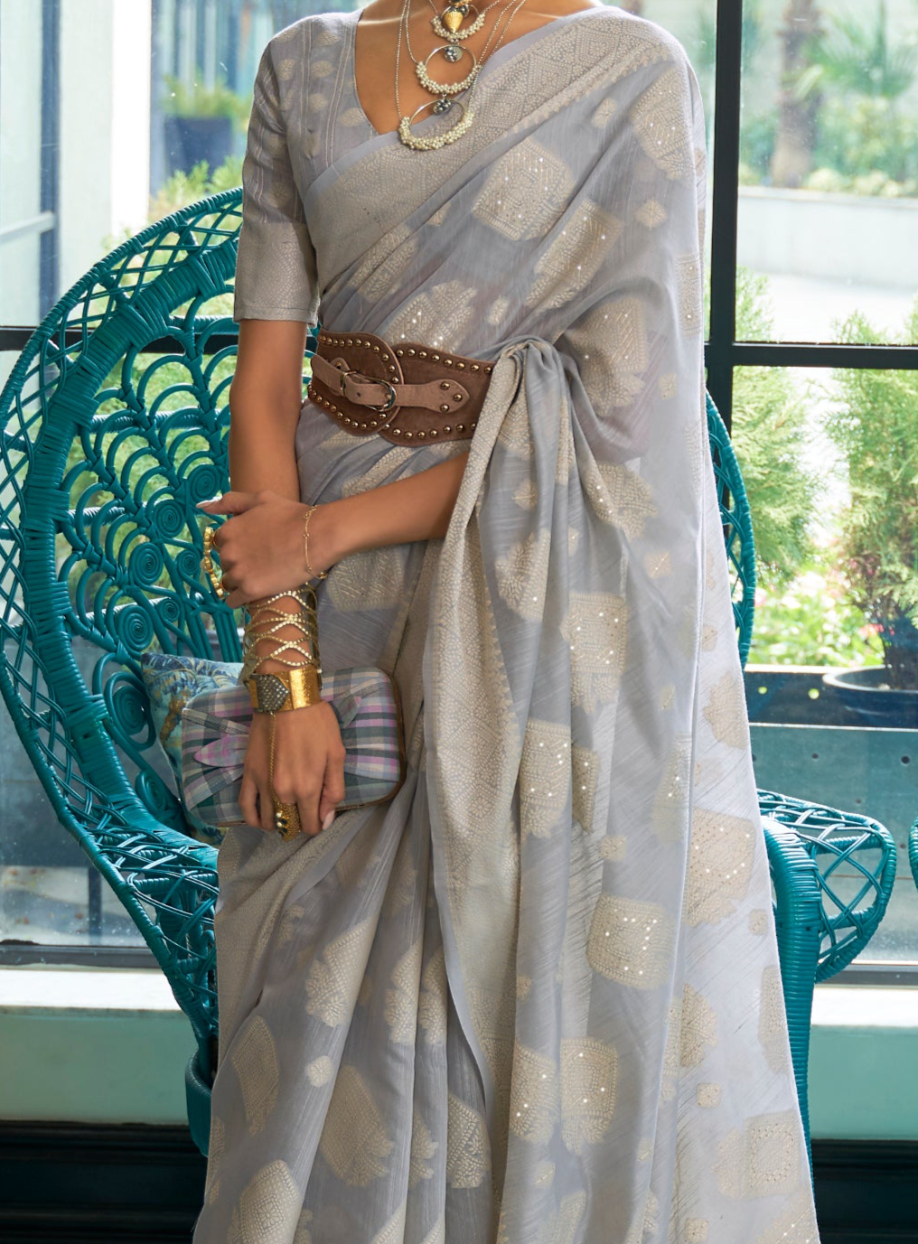 Silver Elegance Woven Chikankari Silk Saree