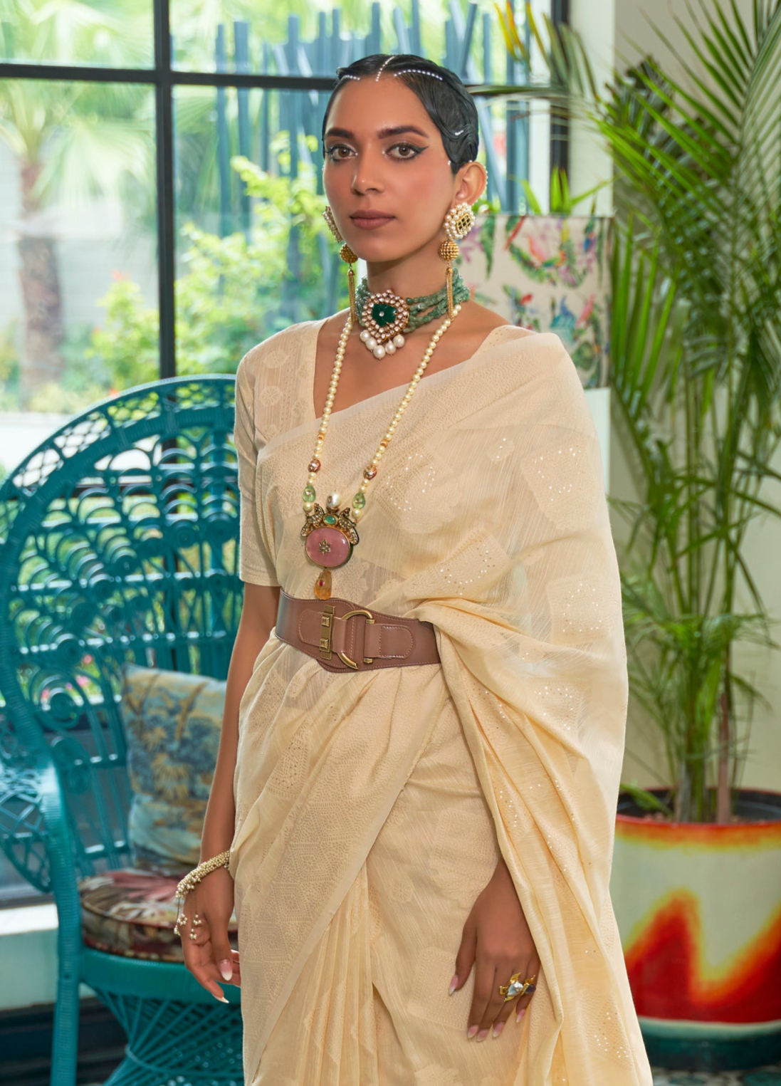 Pastel Yellow Woven Chikankari Silk Saree