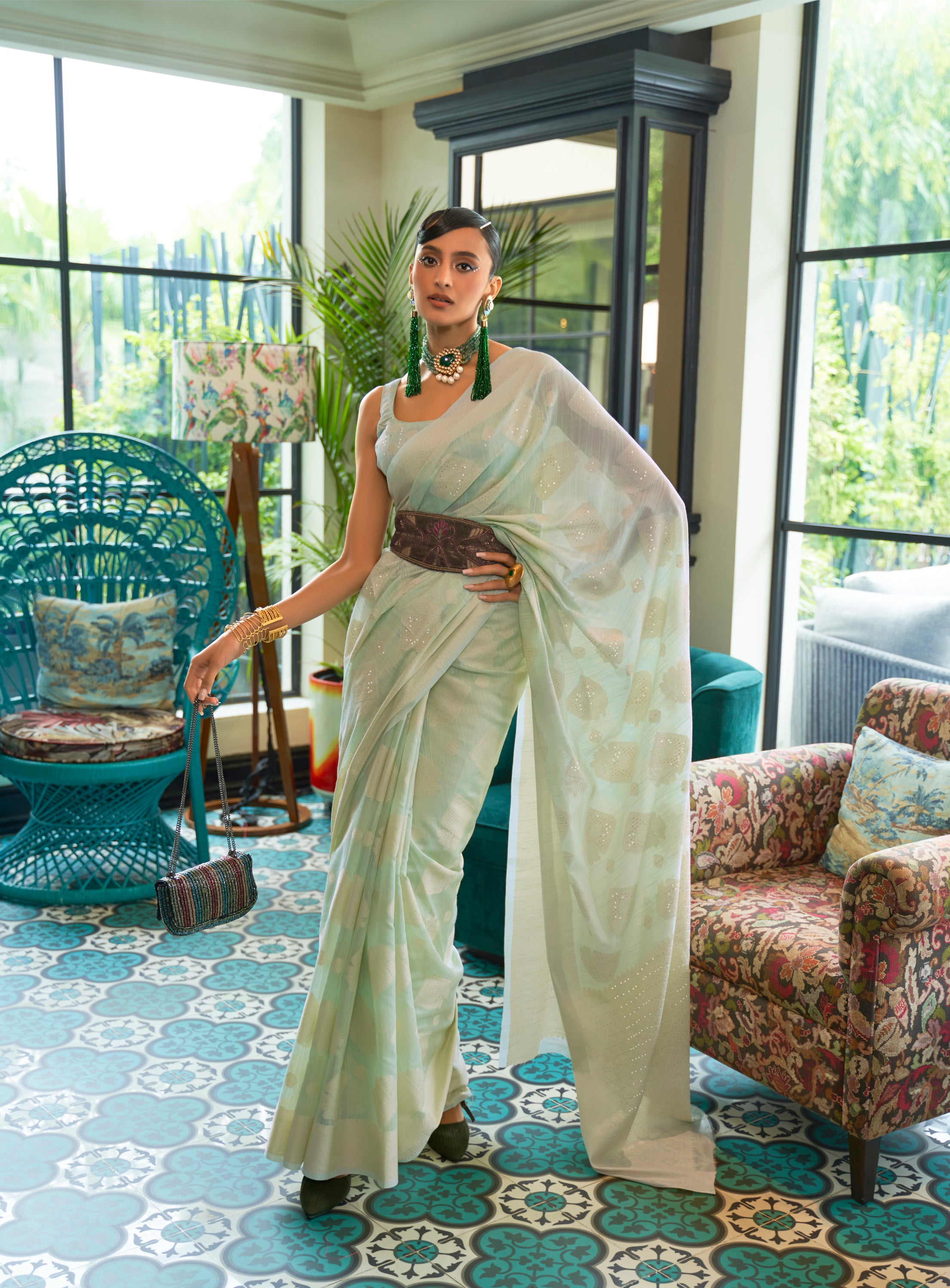 Olive Grove Woven Chikankari Silk Saree