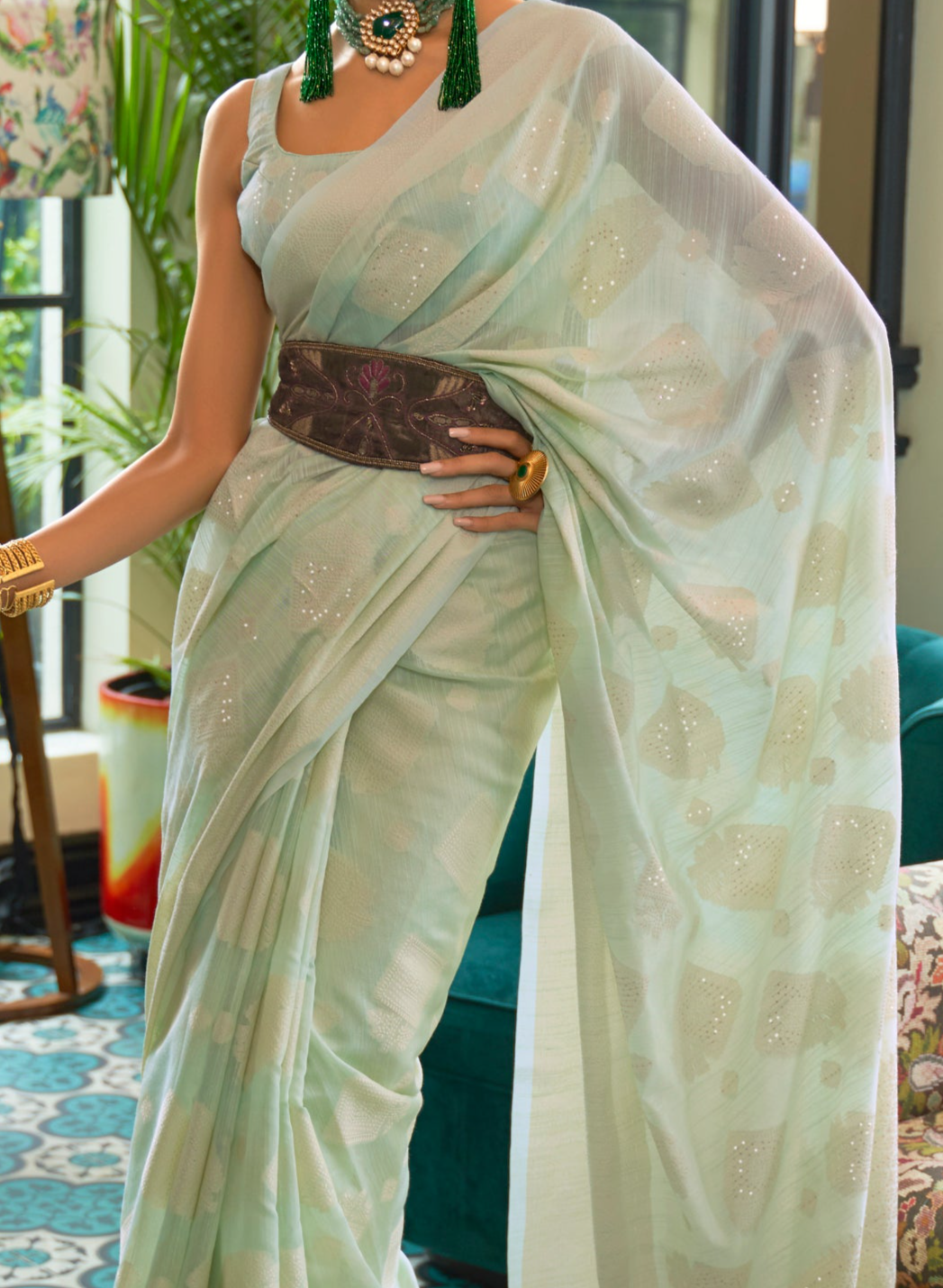 Olive Grove Woven Chikankari Silk Saree