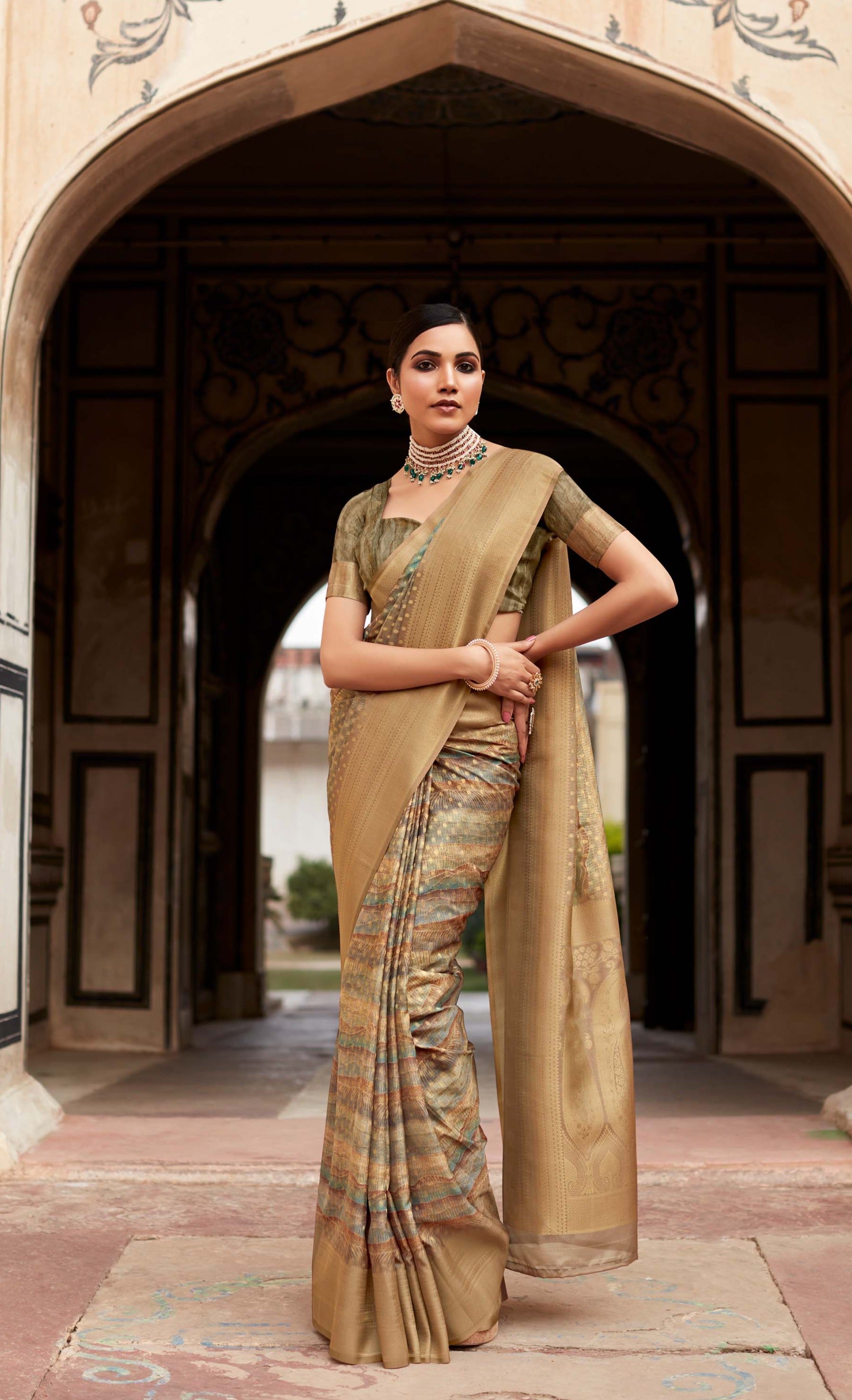 Exquisite Vintage Brown Banarasi Digital Printed Silk Saree