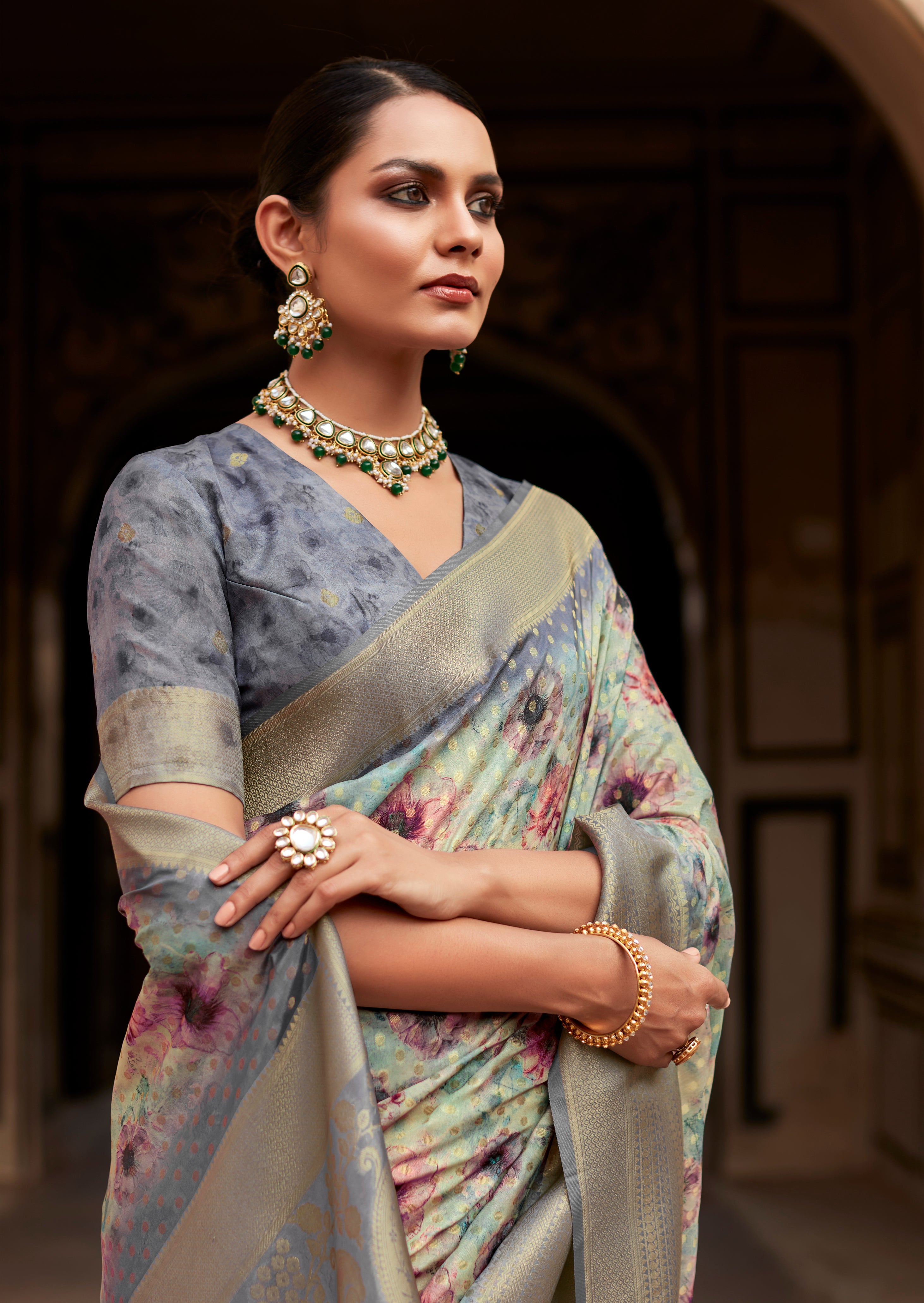 Martini Grey Banarasi Digital Printed Silk Saree