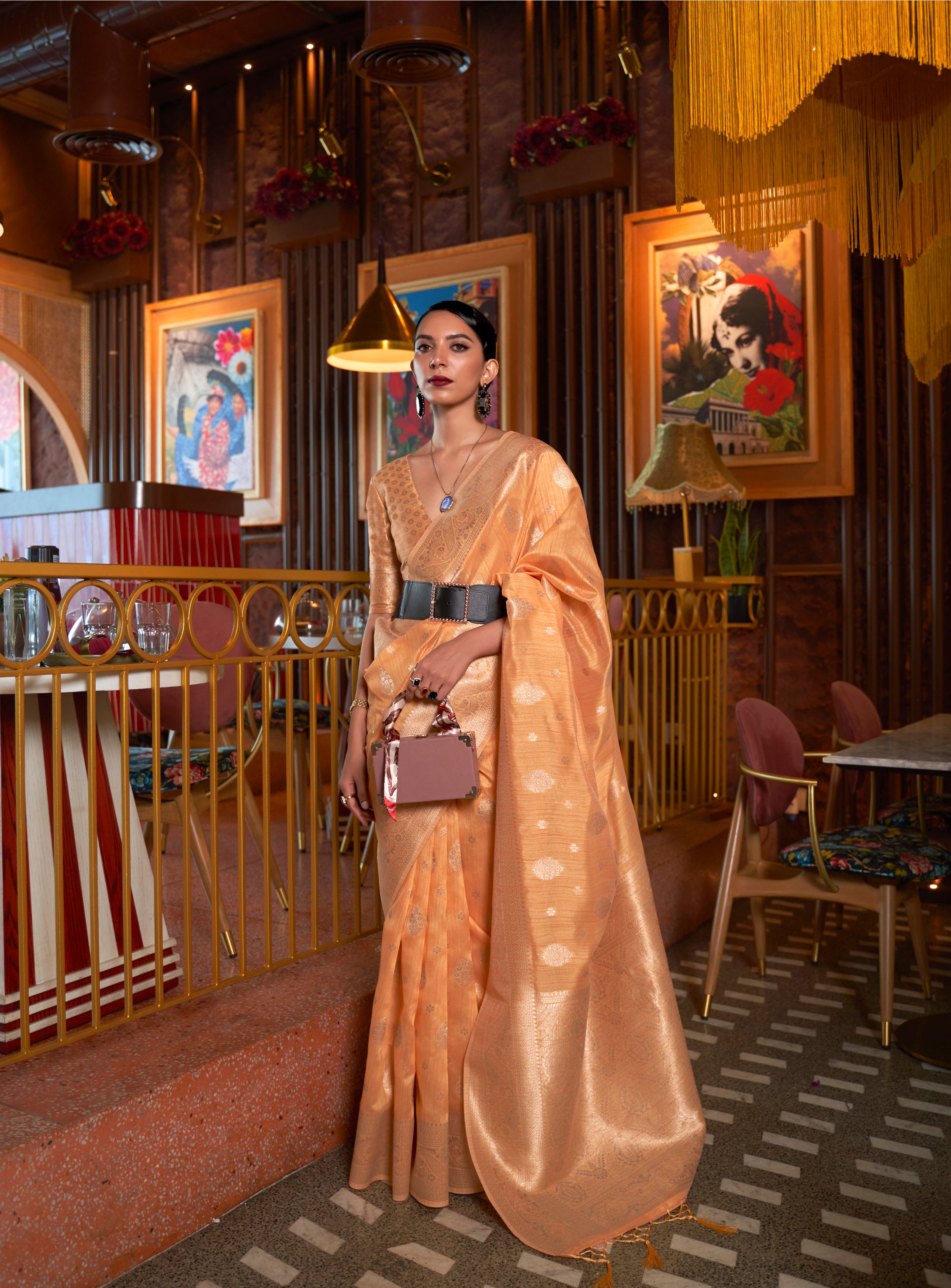 Radiant Light Orange Woven Tussar Silk Saree