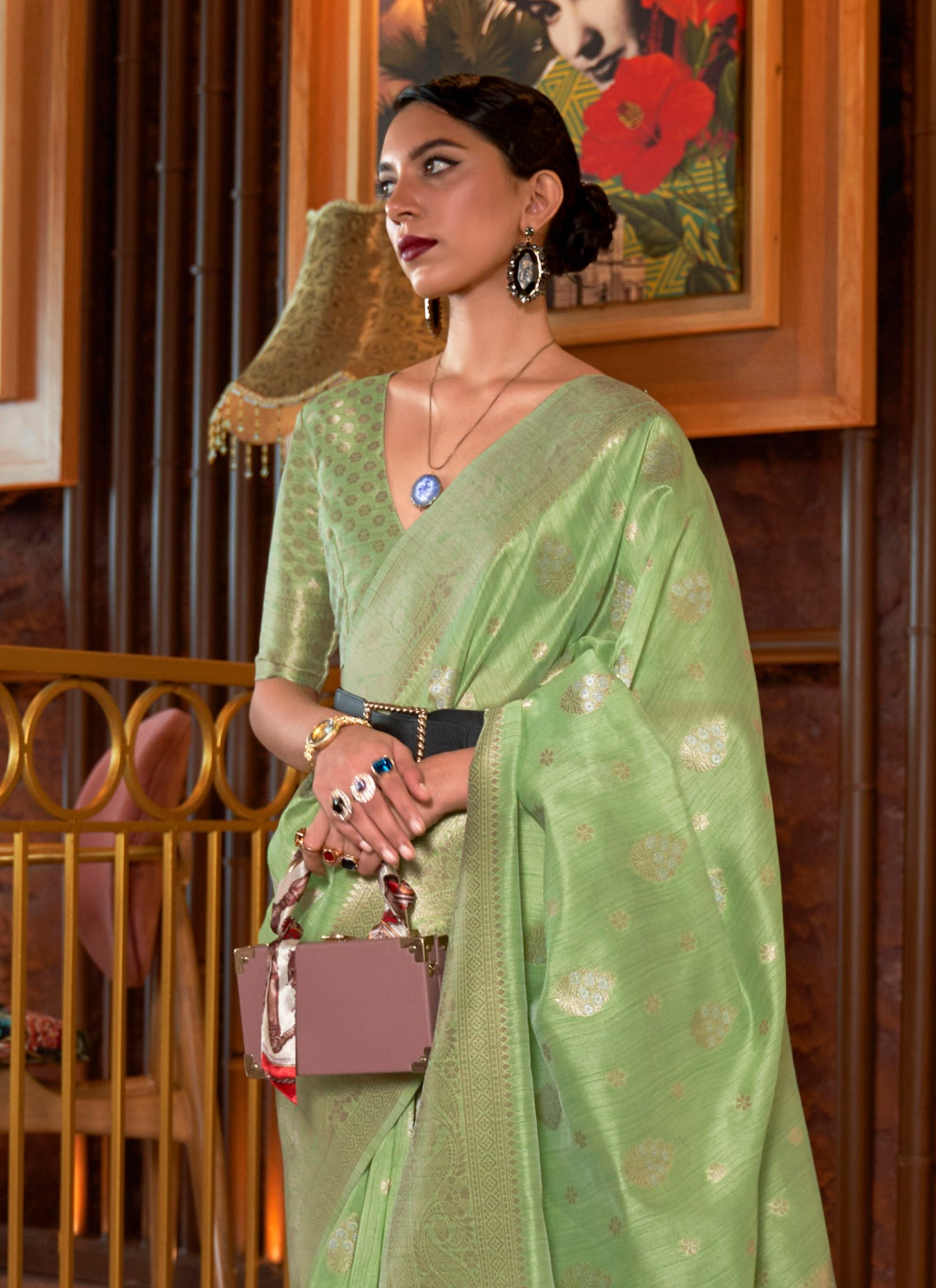 Luminous Light Green Woven Tussar Silk Saree