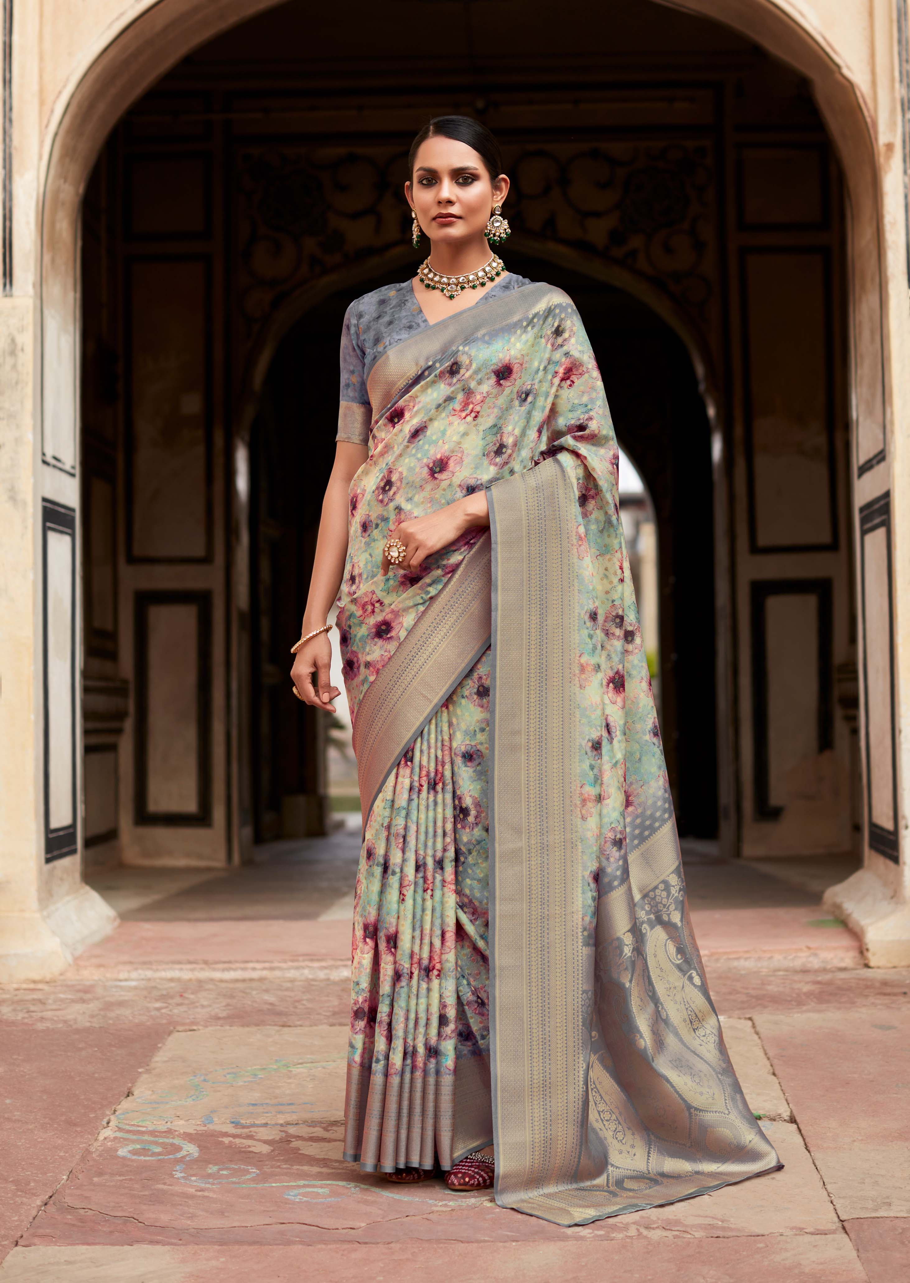 Martini Grey Banarasi Digital Printed Silk Saree