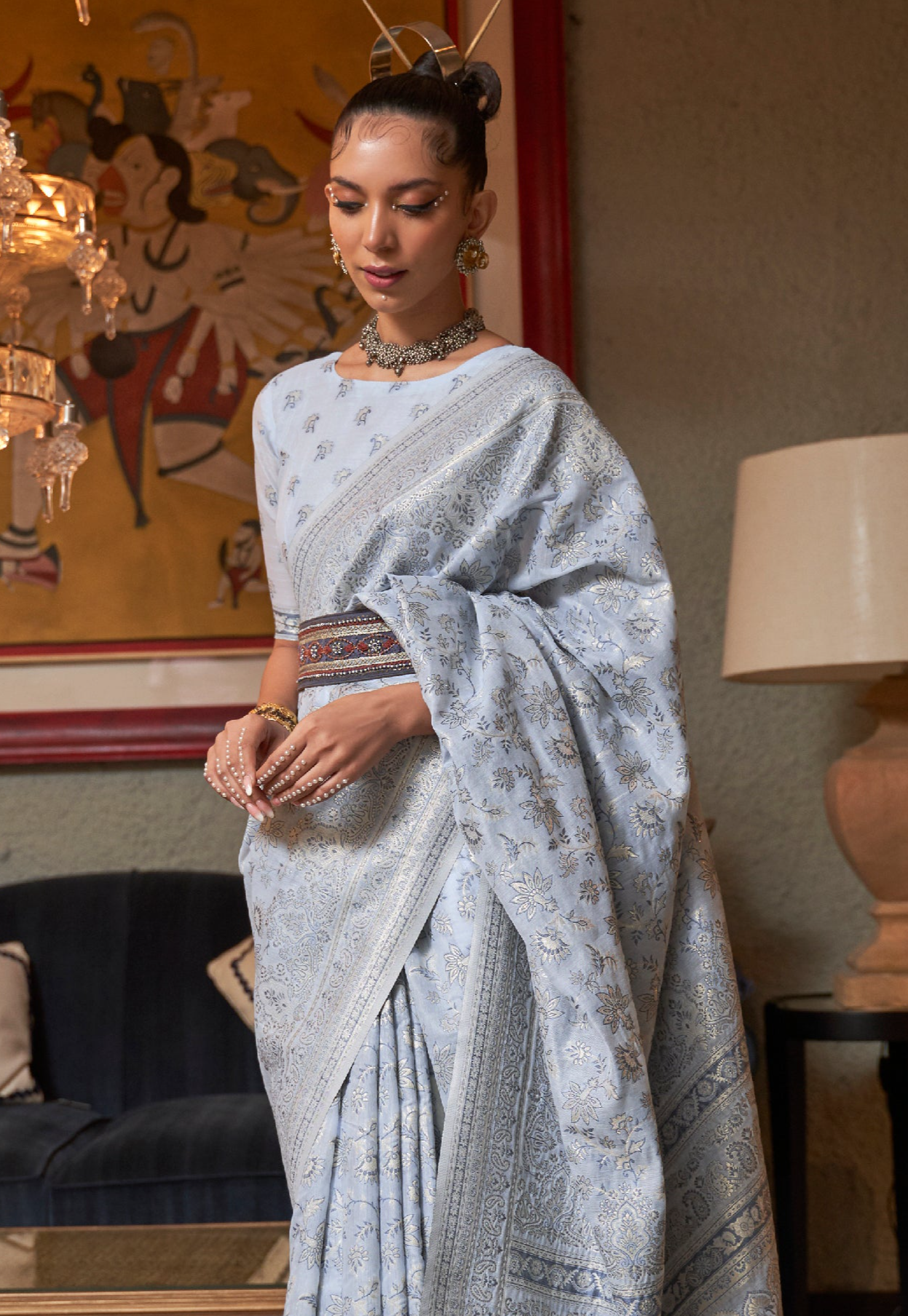 Serene Sky Blue Kashmiri Jamawar Cotton Silk Saree