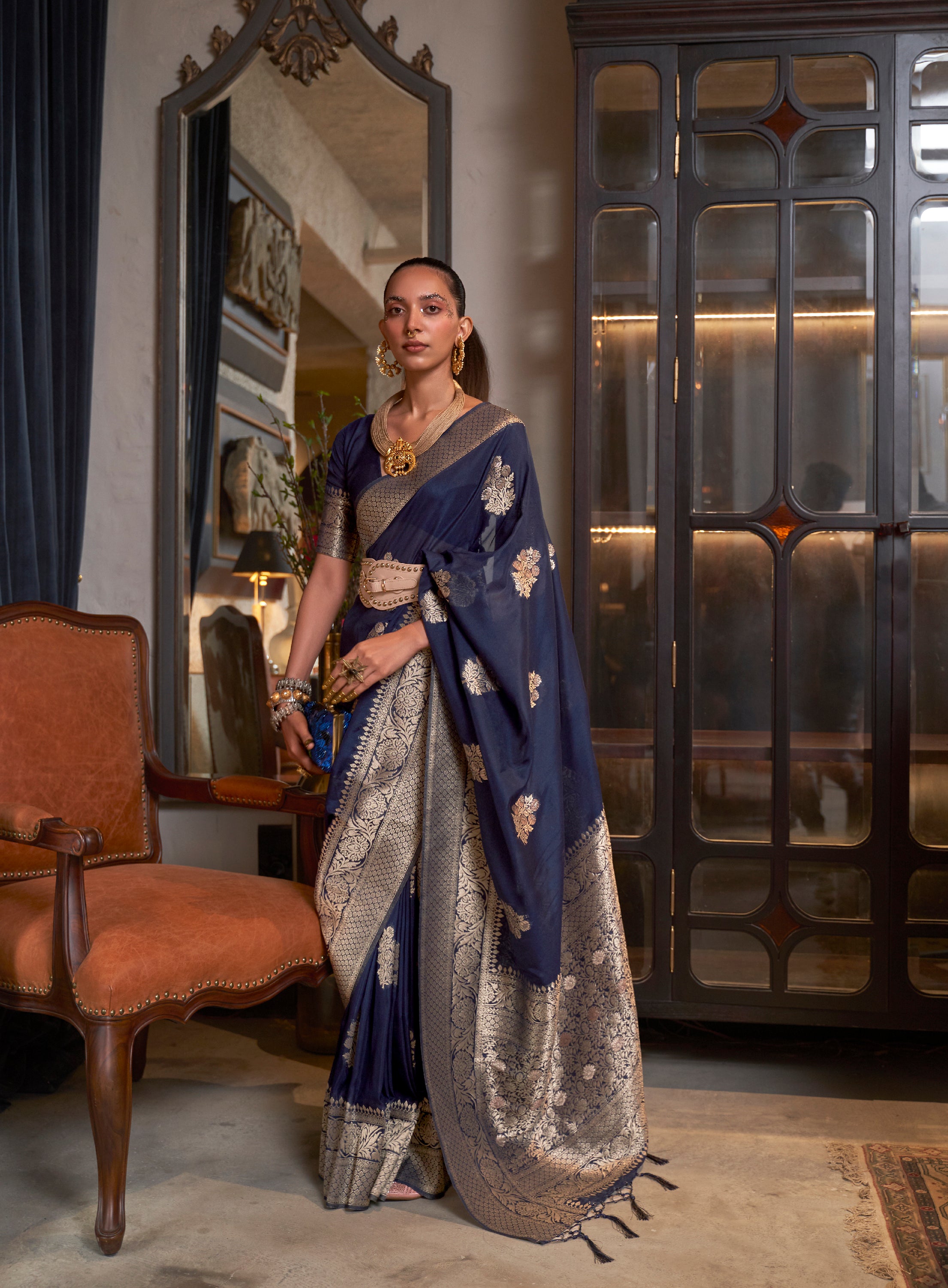 Midnight Navy Blue Woven Georgette Silk Saree