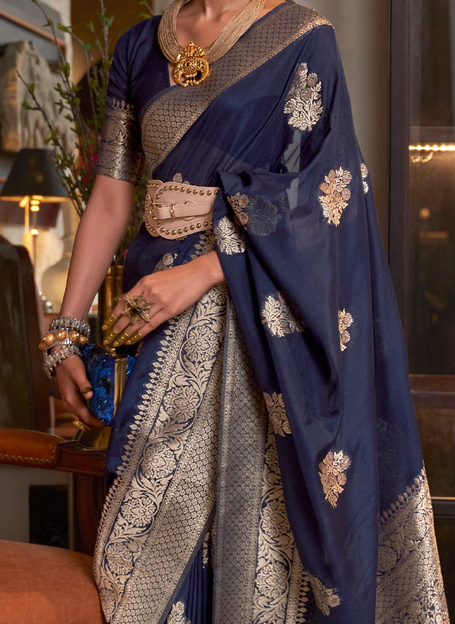 Midnight Navy Blue Woven Georgette Silk Saree