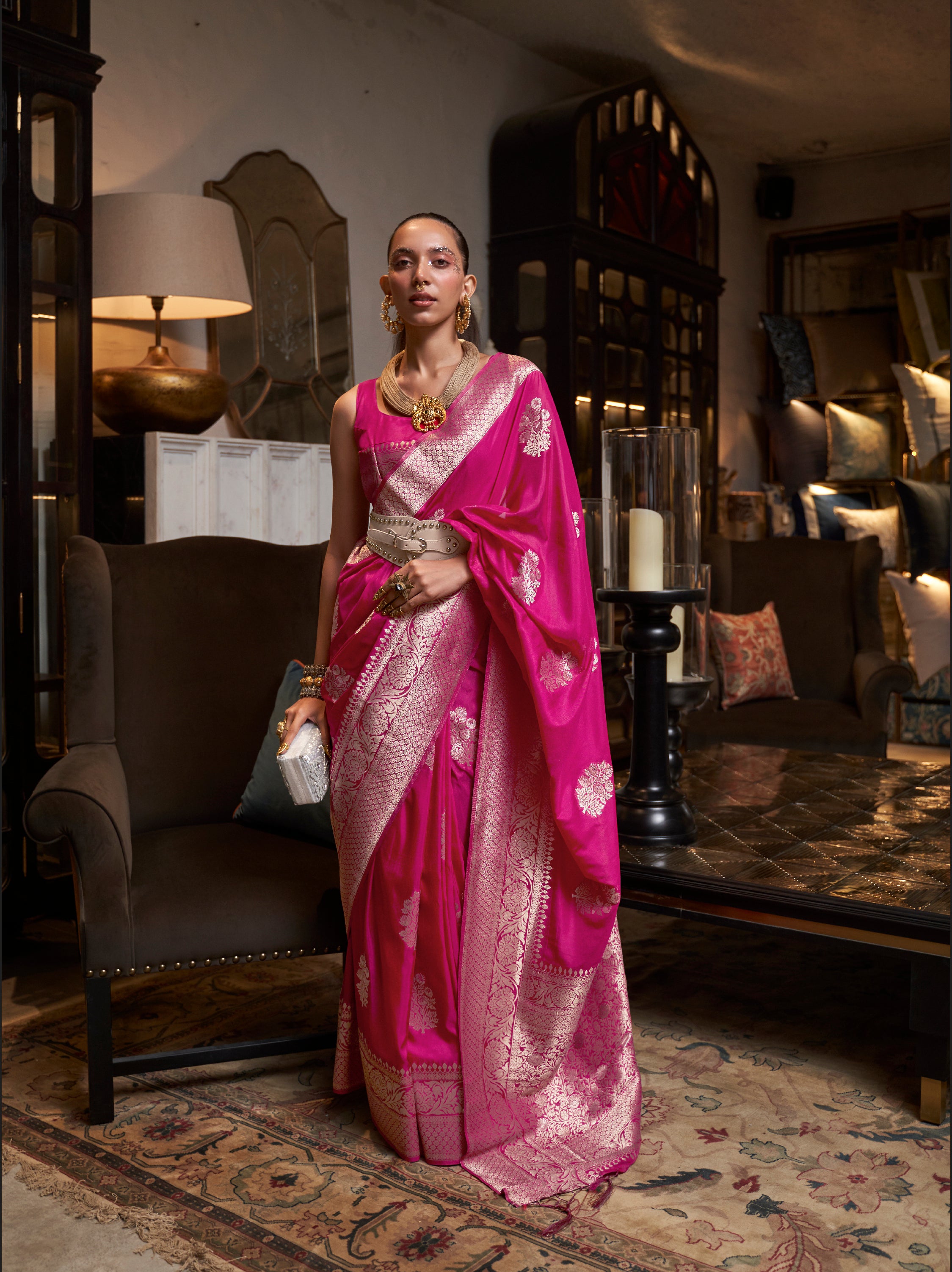 Rosy Dark Pink Woven Georgette Silk Saree