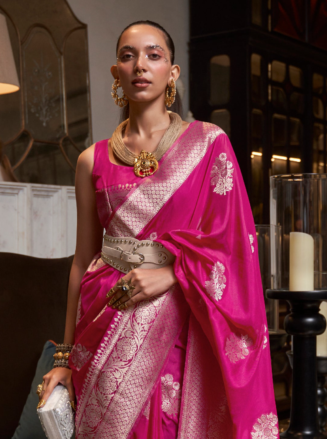 Rosy Dark Pink Woven Georgette Silk Saree