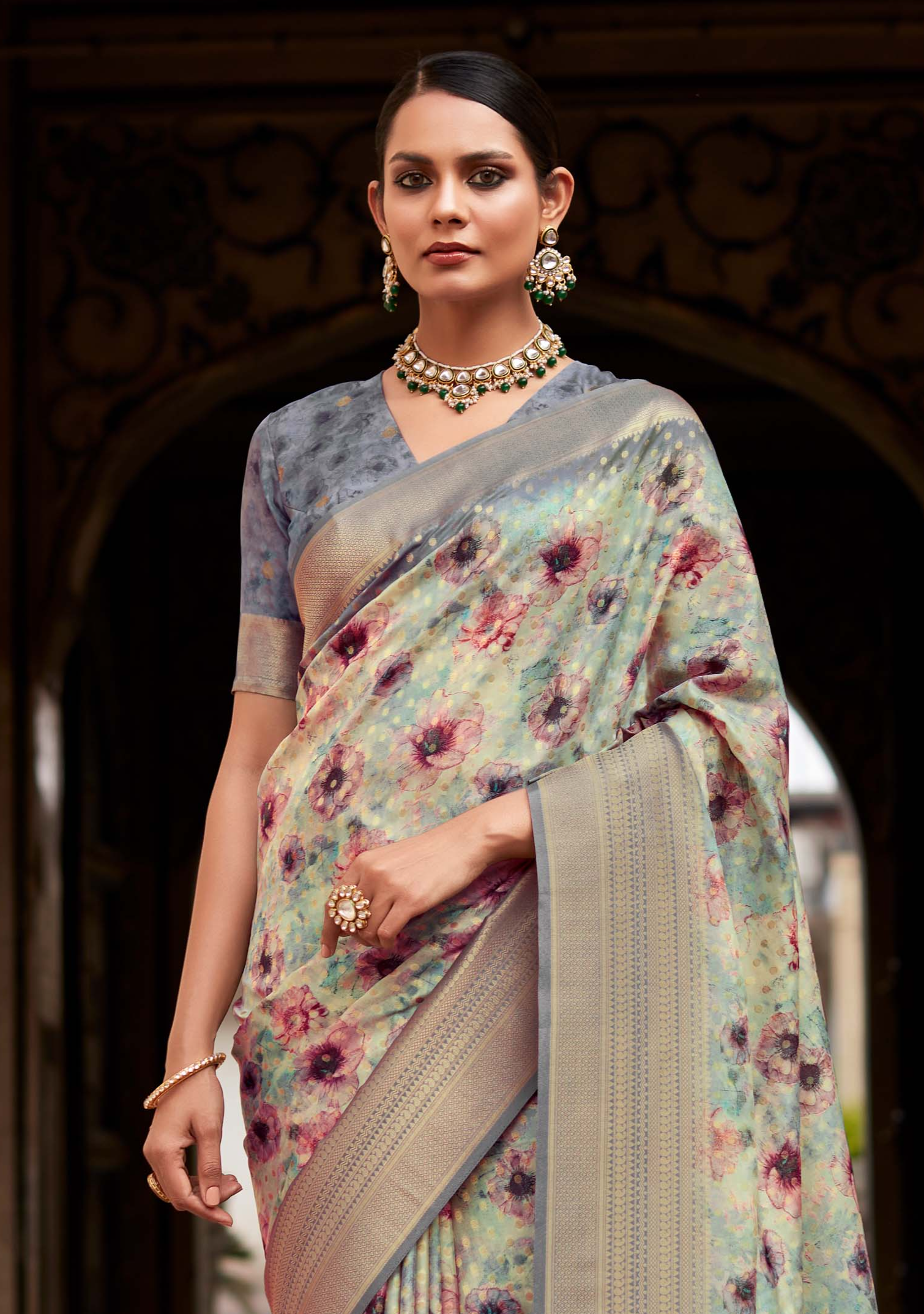 Martini Grey Banarasi Digital Printed Silk Saree