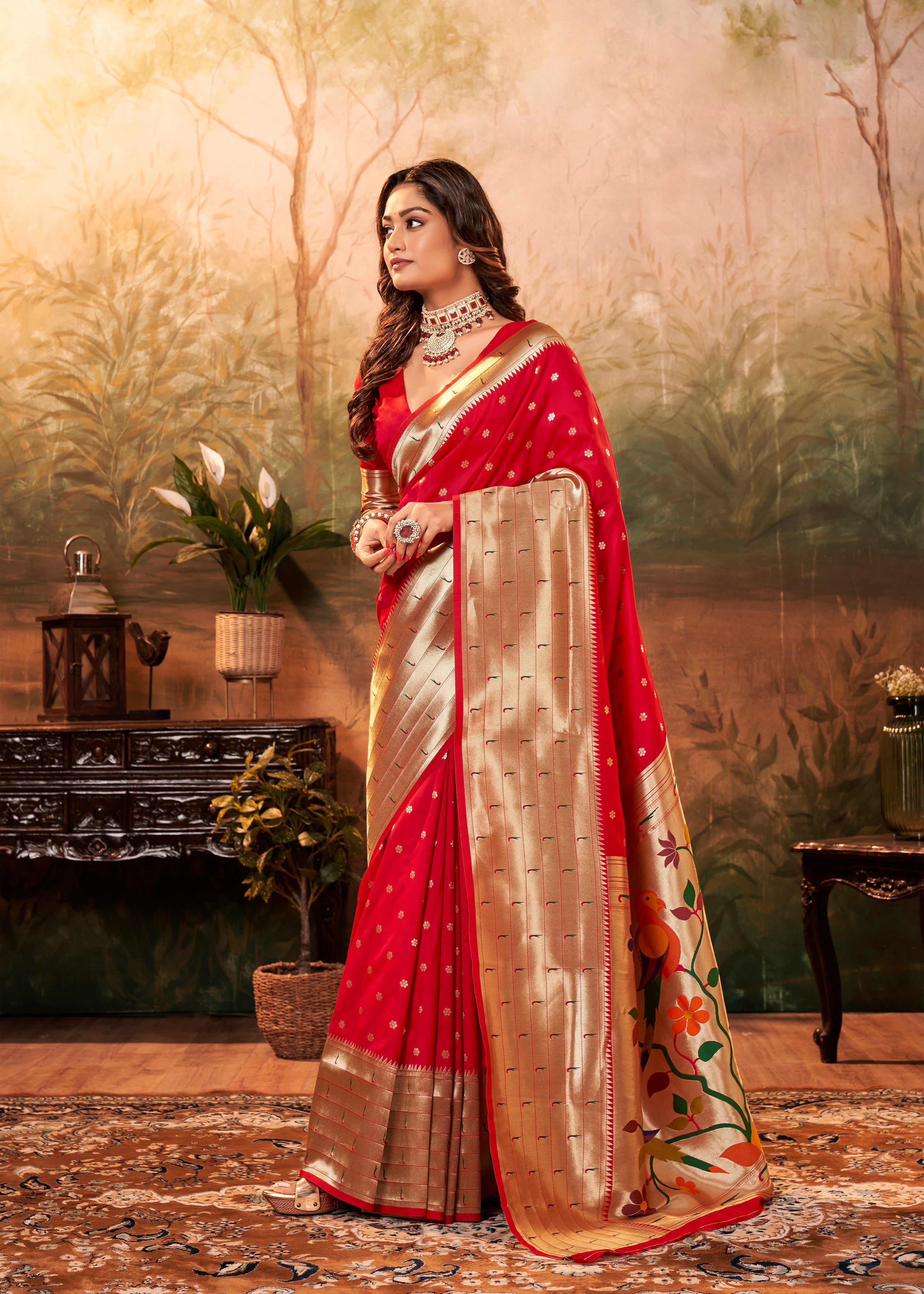 Citrusy Royal Red Pure Paithani Silk with Zari Weaving  Saree