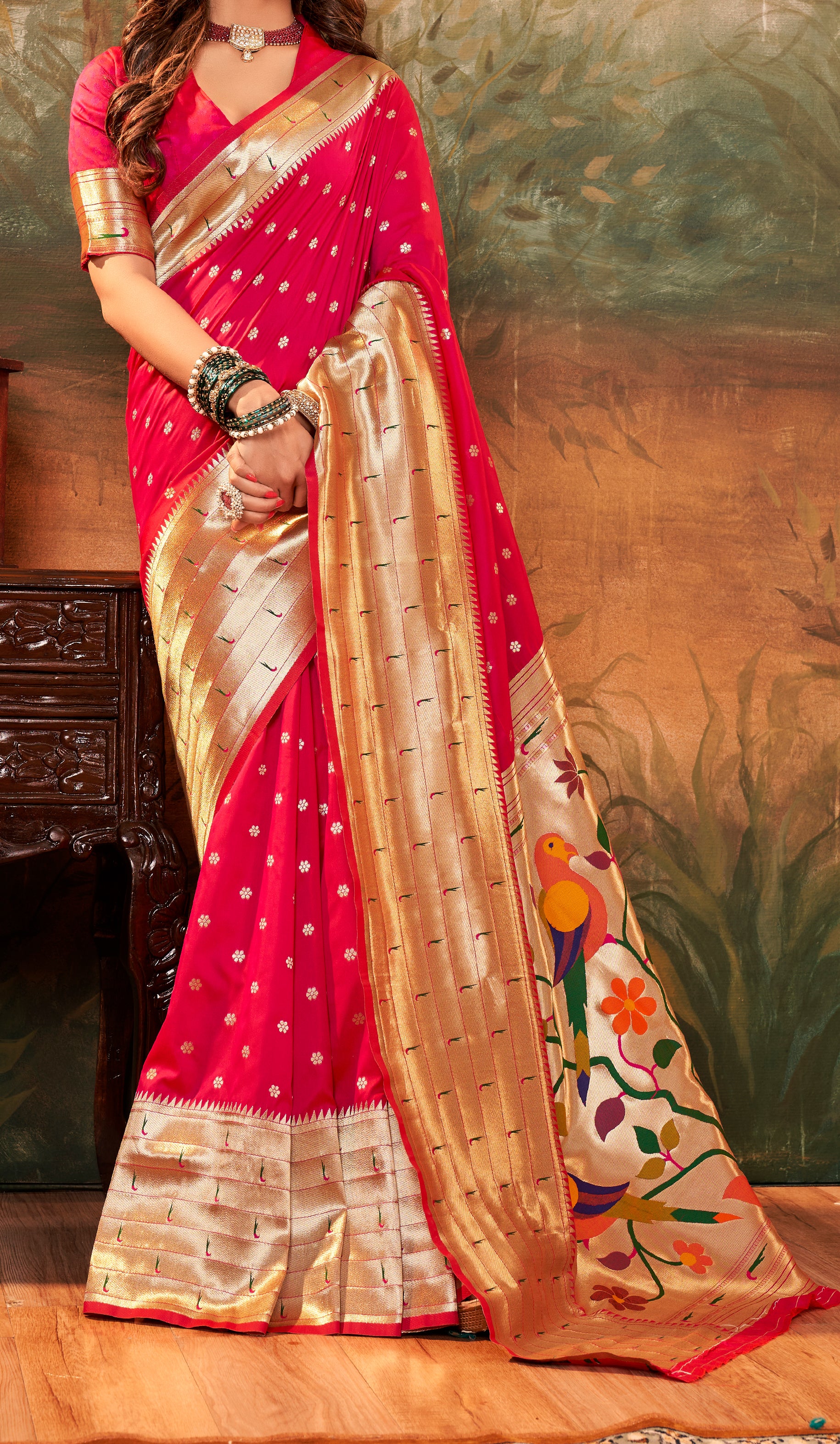 Citrusy Dark Red Pure Paithani Silk with Zari Weaving  Saree