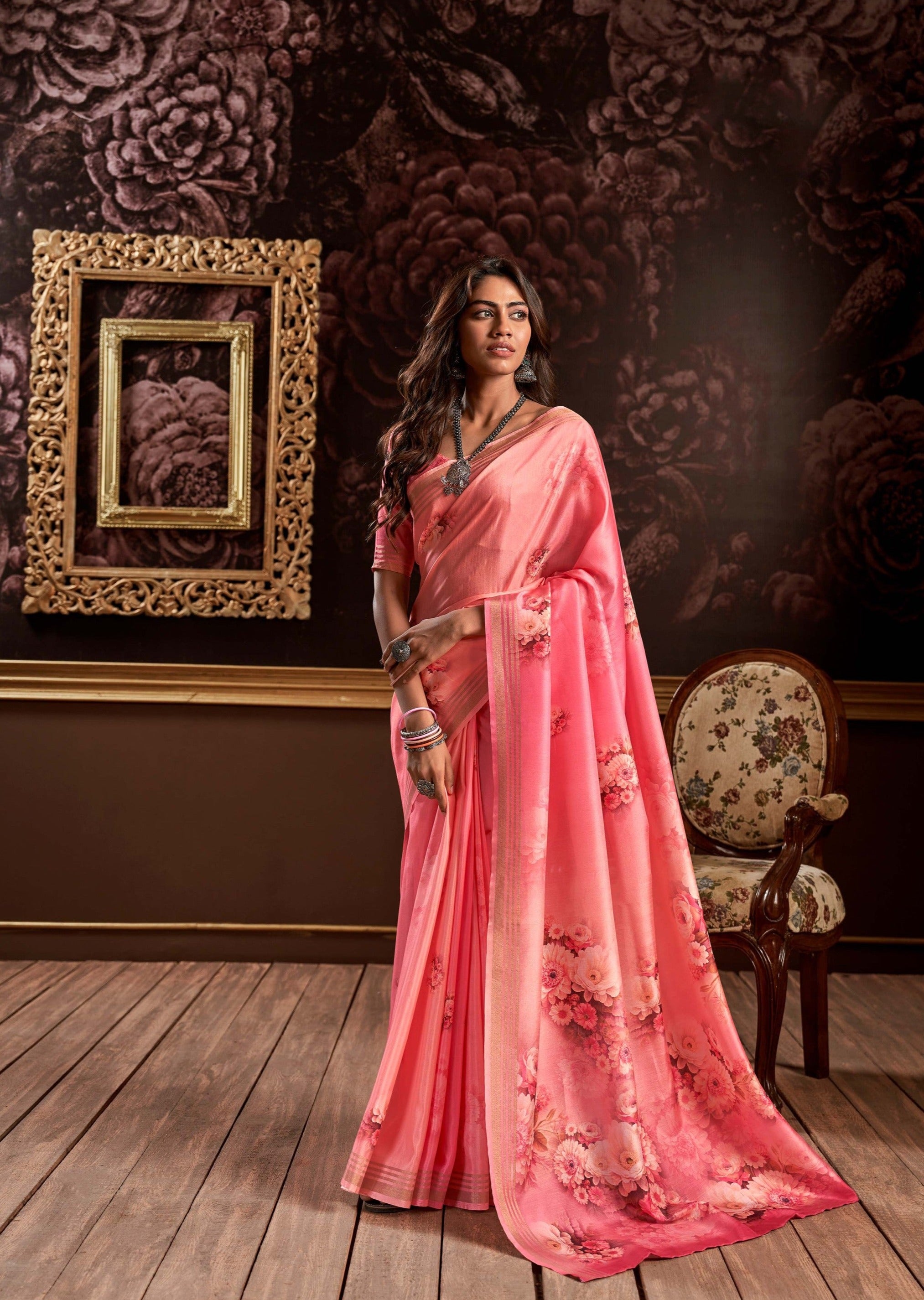 Pink Blossom Blush Floral Digital Print Satin Silk Saree