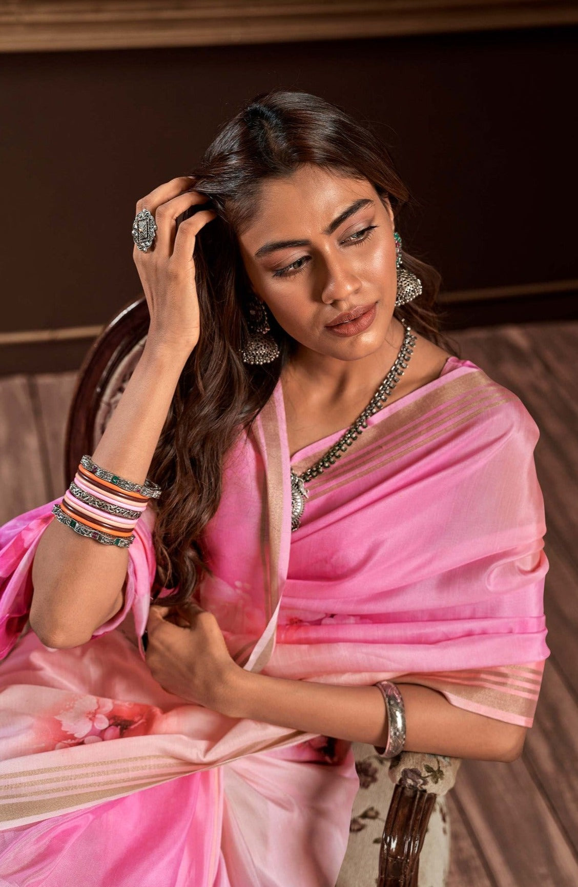 Petite Pink Floral Digital Print Satin Silk Saree