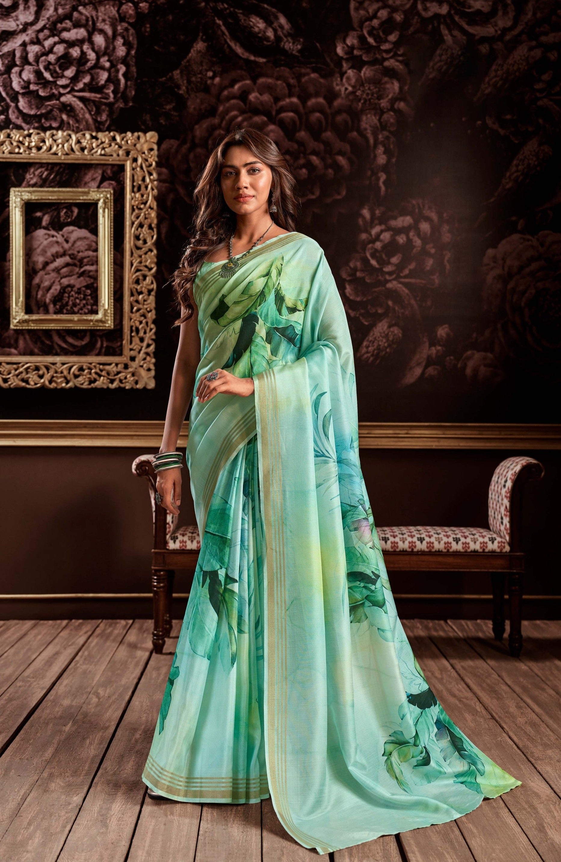 Swamp Green Floral Digital Print Satin Silk Saree