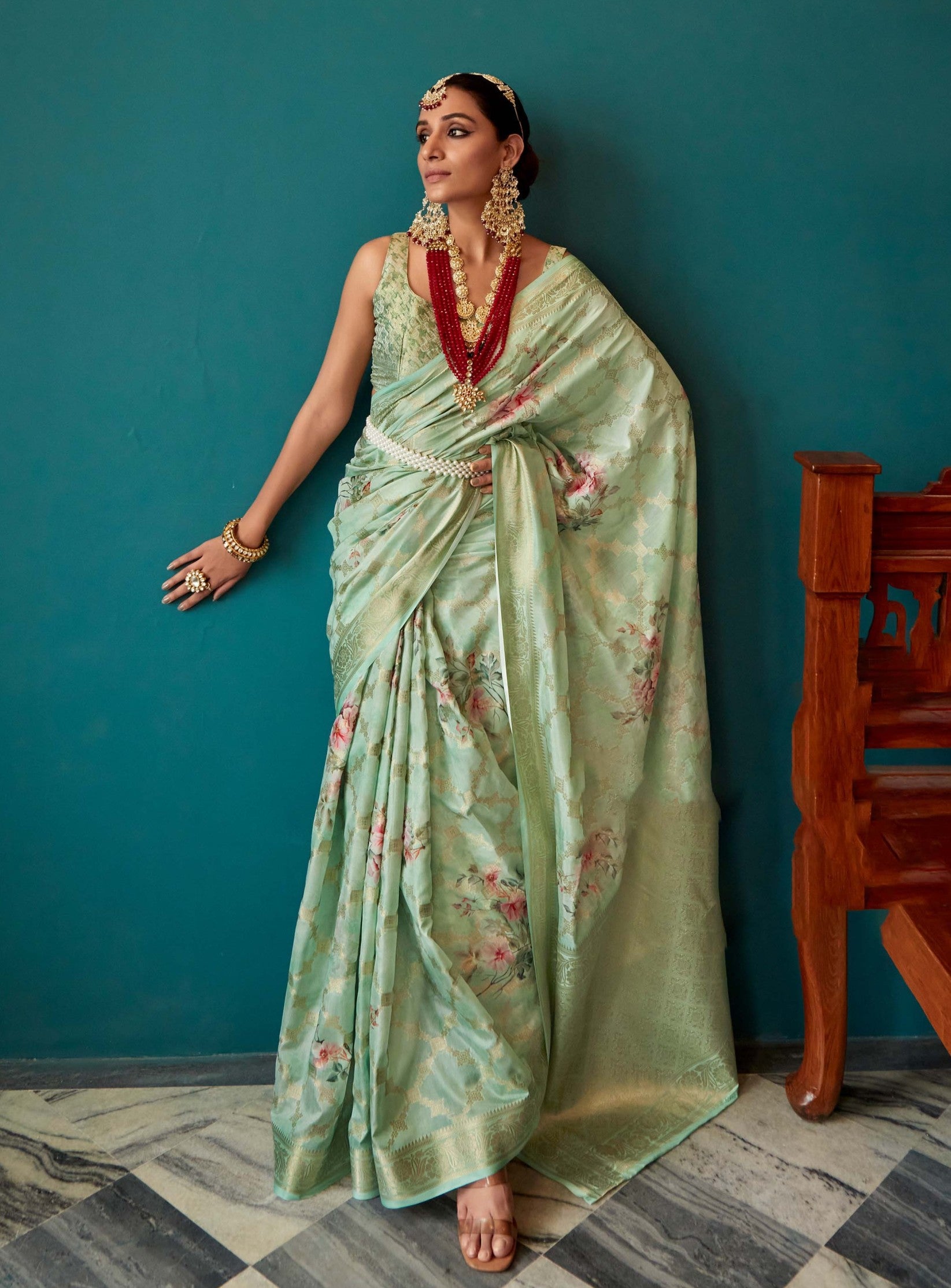 Teal Green Woven Banarasi Floral Printed Silk Saree