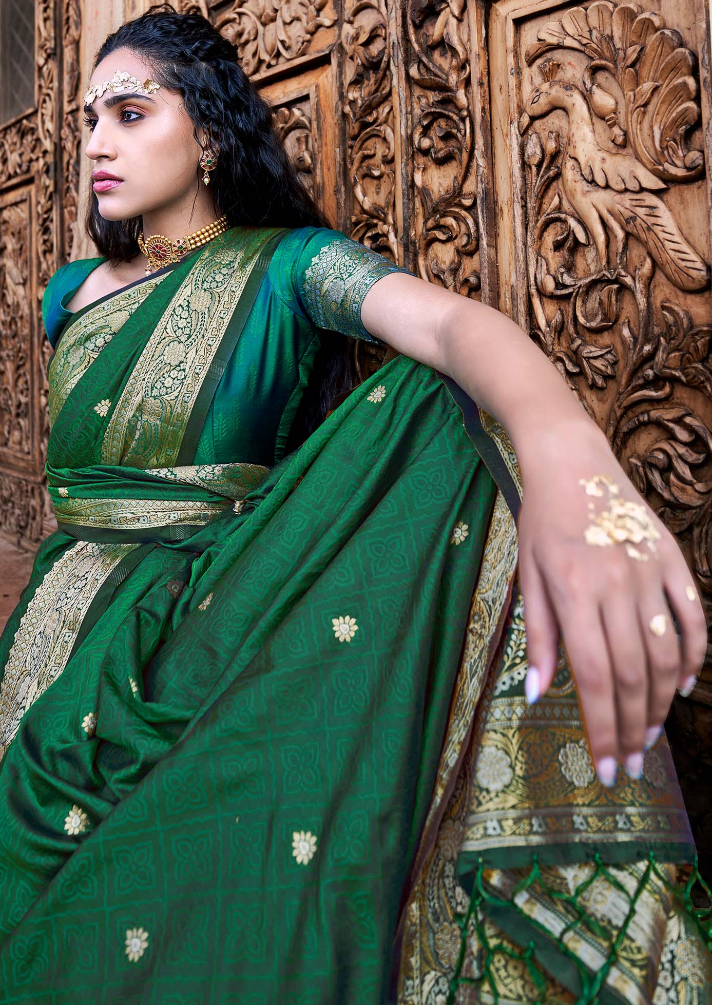 Enchanting Forest Dark Green Woven Banarasi Satin Silk Saree