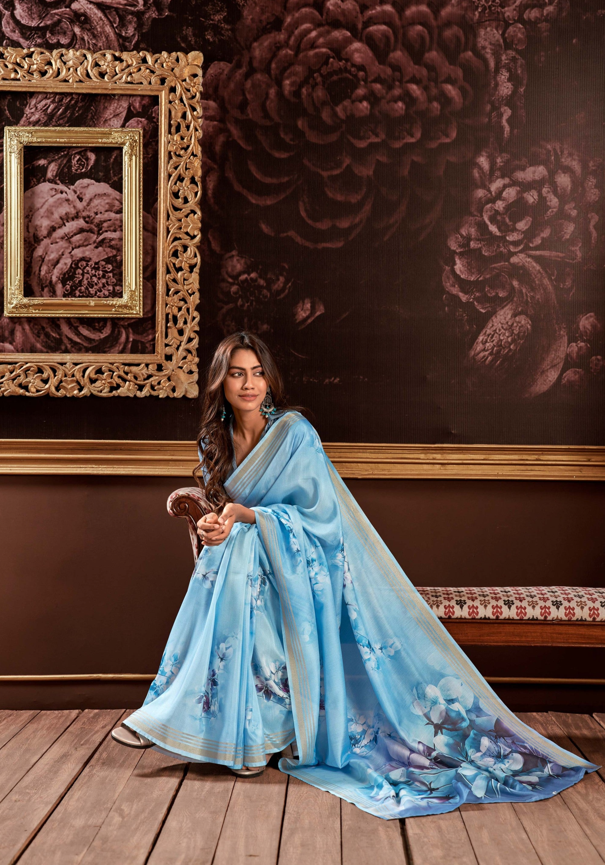 Azure Blossom Sky Blue Floral Digital Print Satin Silk Saree