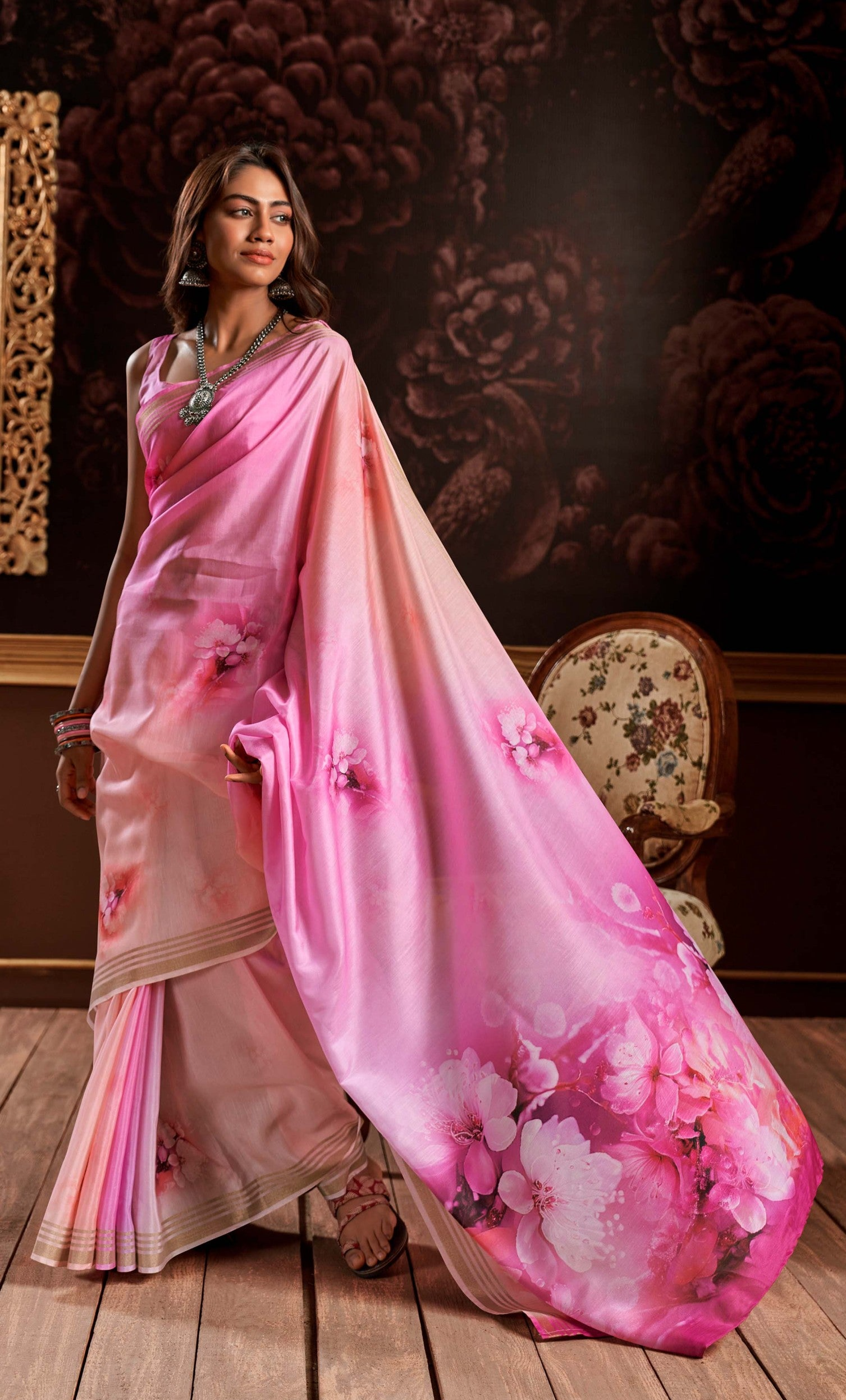 Petite Pink Floral Digital Print Satin Silk Saree