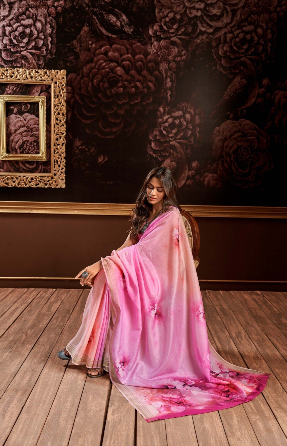 Petite Pink Floral Digital Print Satin Silk Saree