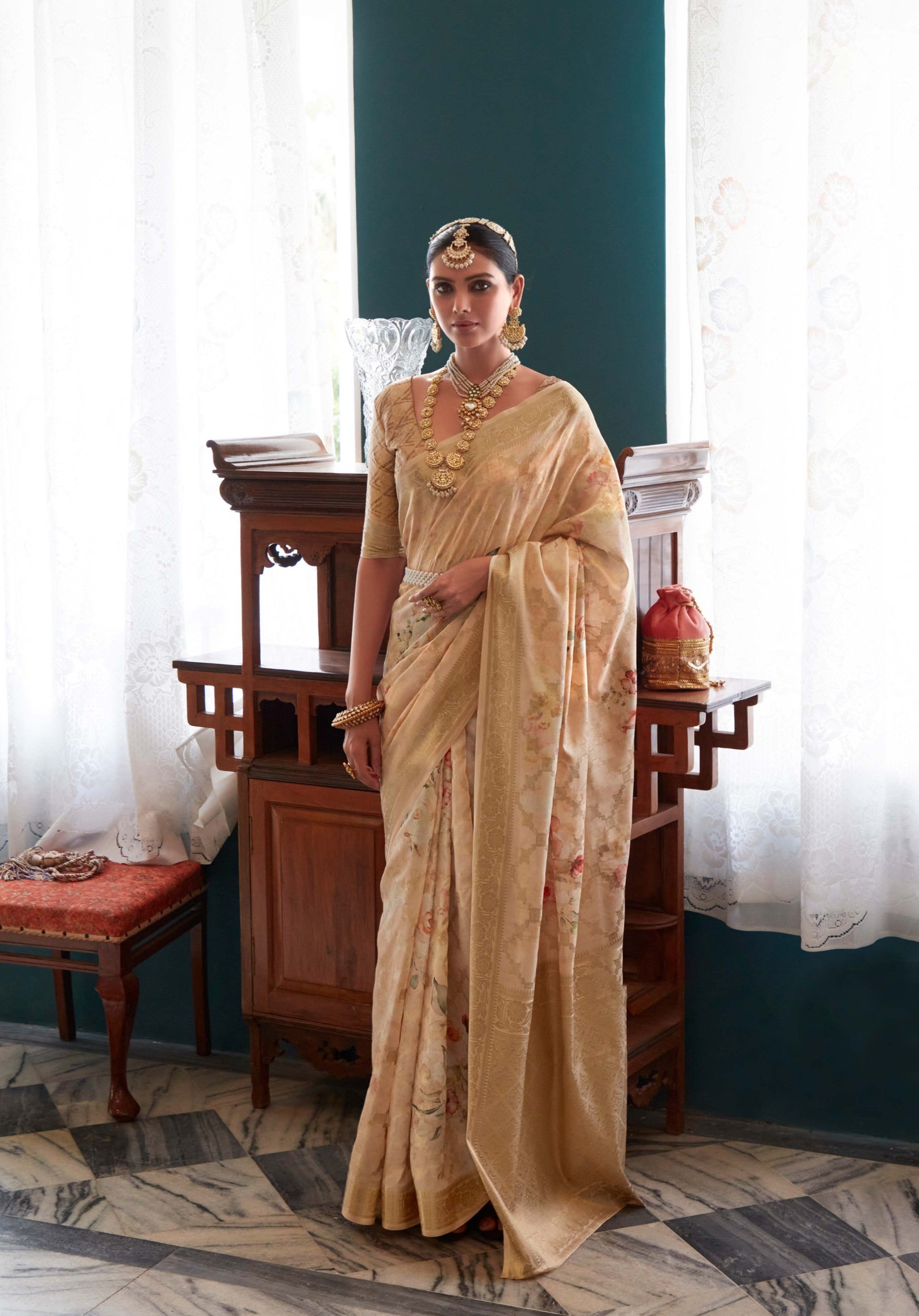 Walnut Brown Woven Banarasi Floral Printed Silk Saree