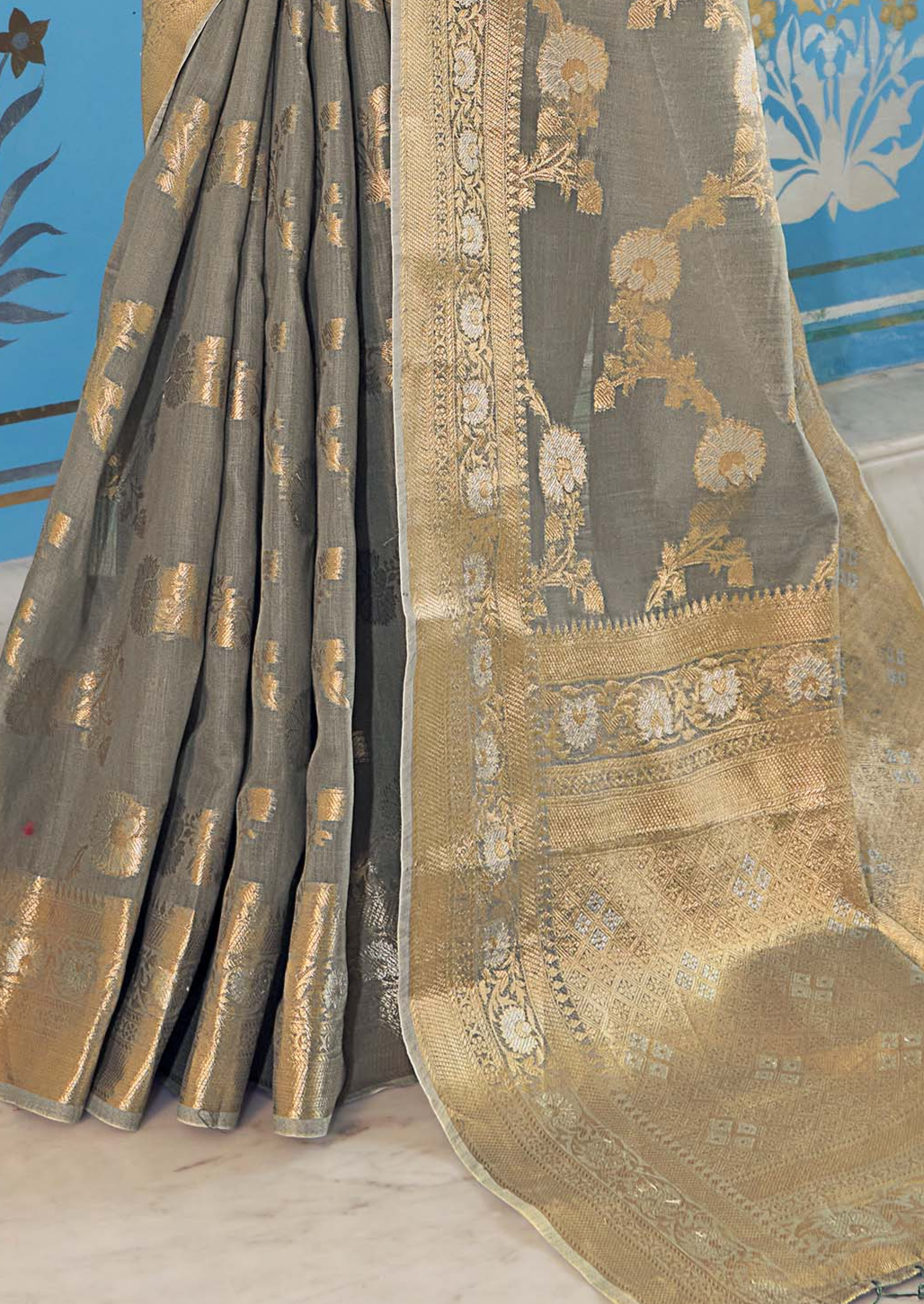 Silver Grey Designer Linen Silk Sare