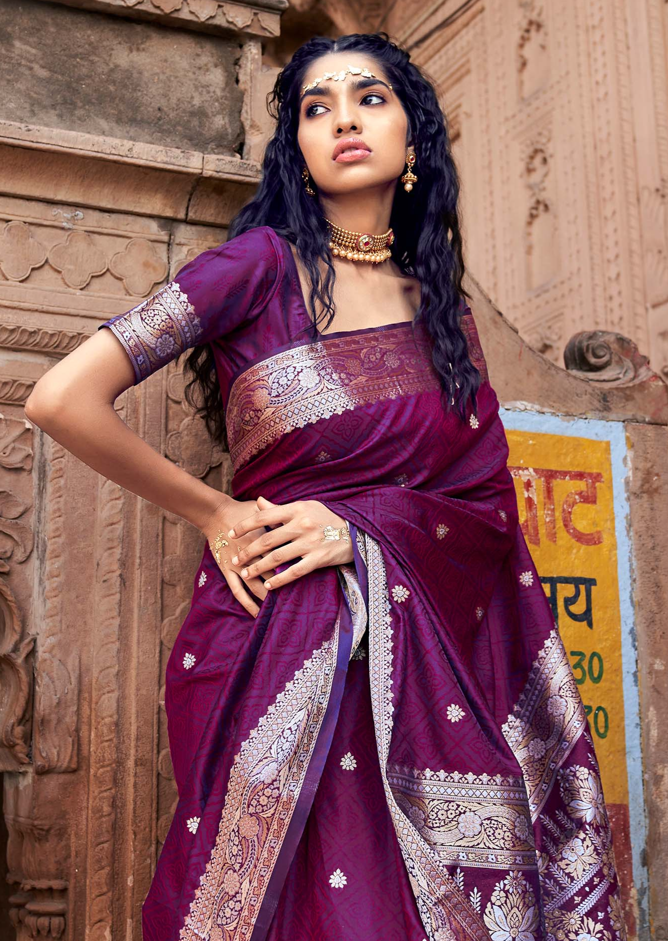 Royal Purple Amethyst Banarasi Satin Silk Saree